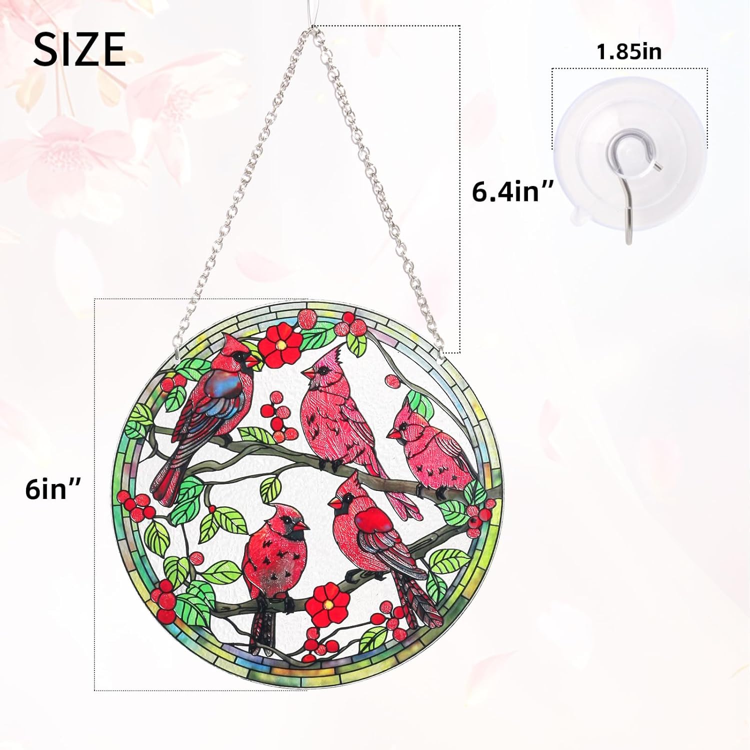 Stained Glass Window Hanging – Red Cardinal Birds Suncatcher, 6-Inch R