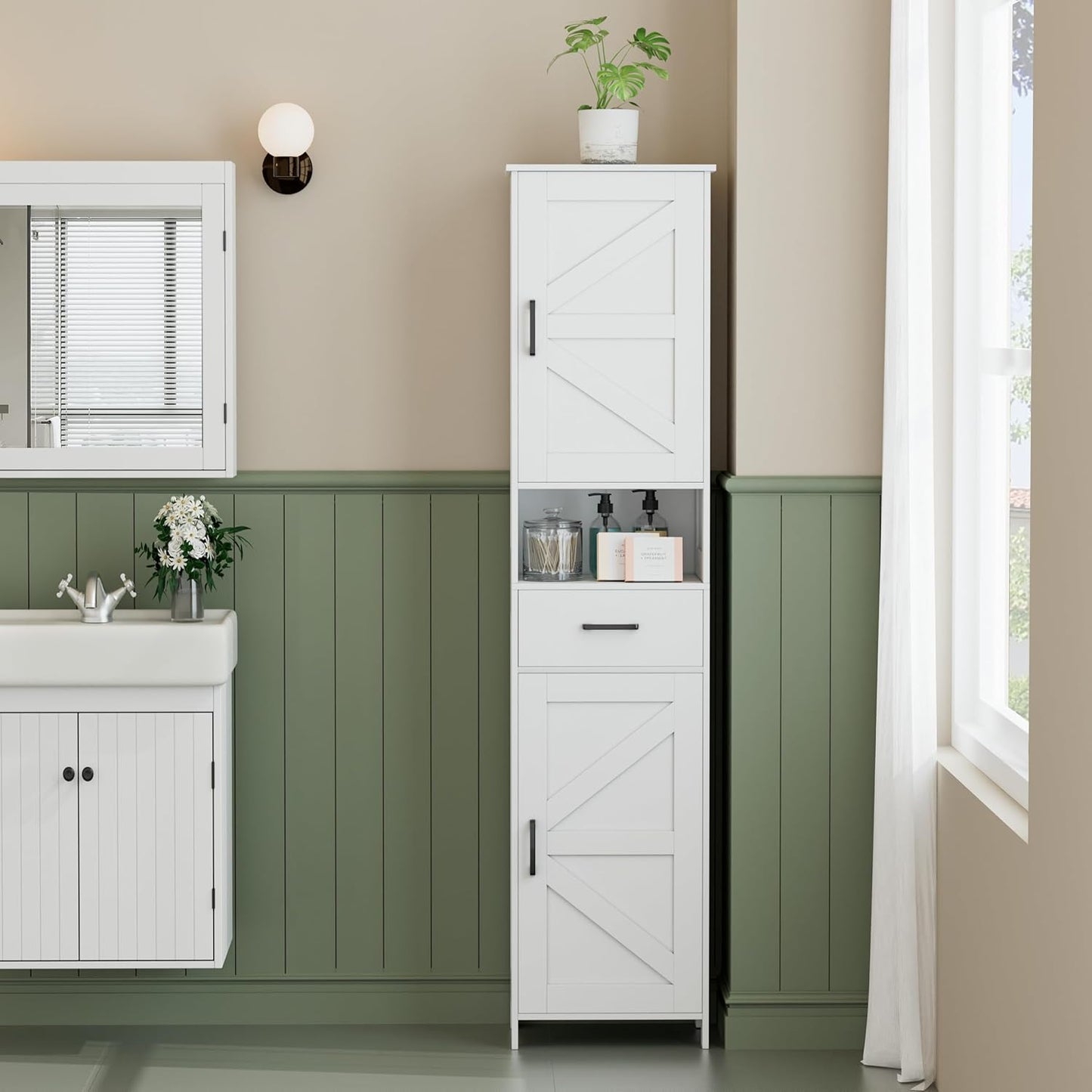 Homhedy 67" H Tall Bathroom Storage Cabinet with 2 Barn Doors and 1 Dr