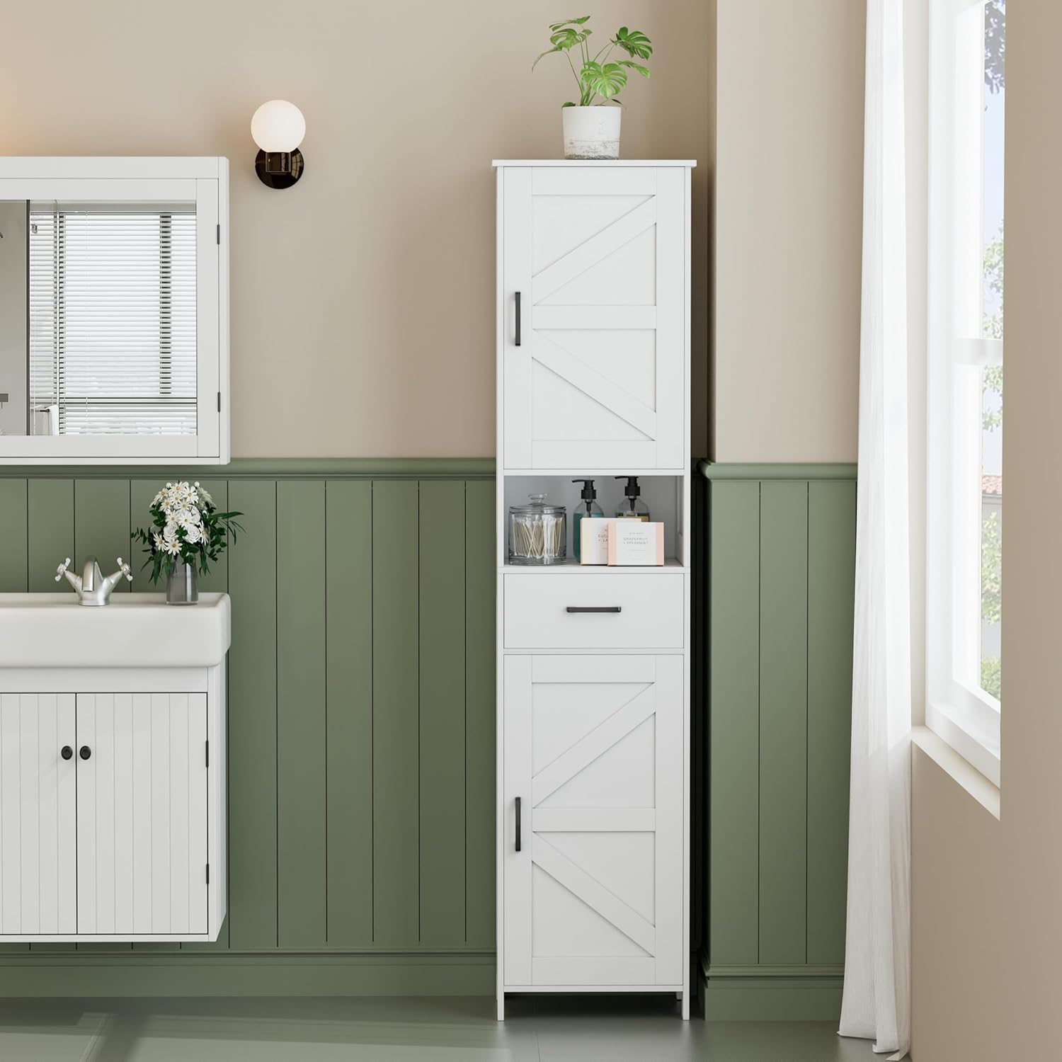 Homhedy 67" H Tall Bathroom Storage Cabinet with 2 Barn Doors and 1 Dr