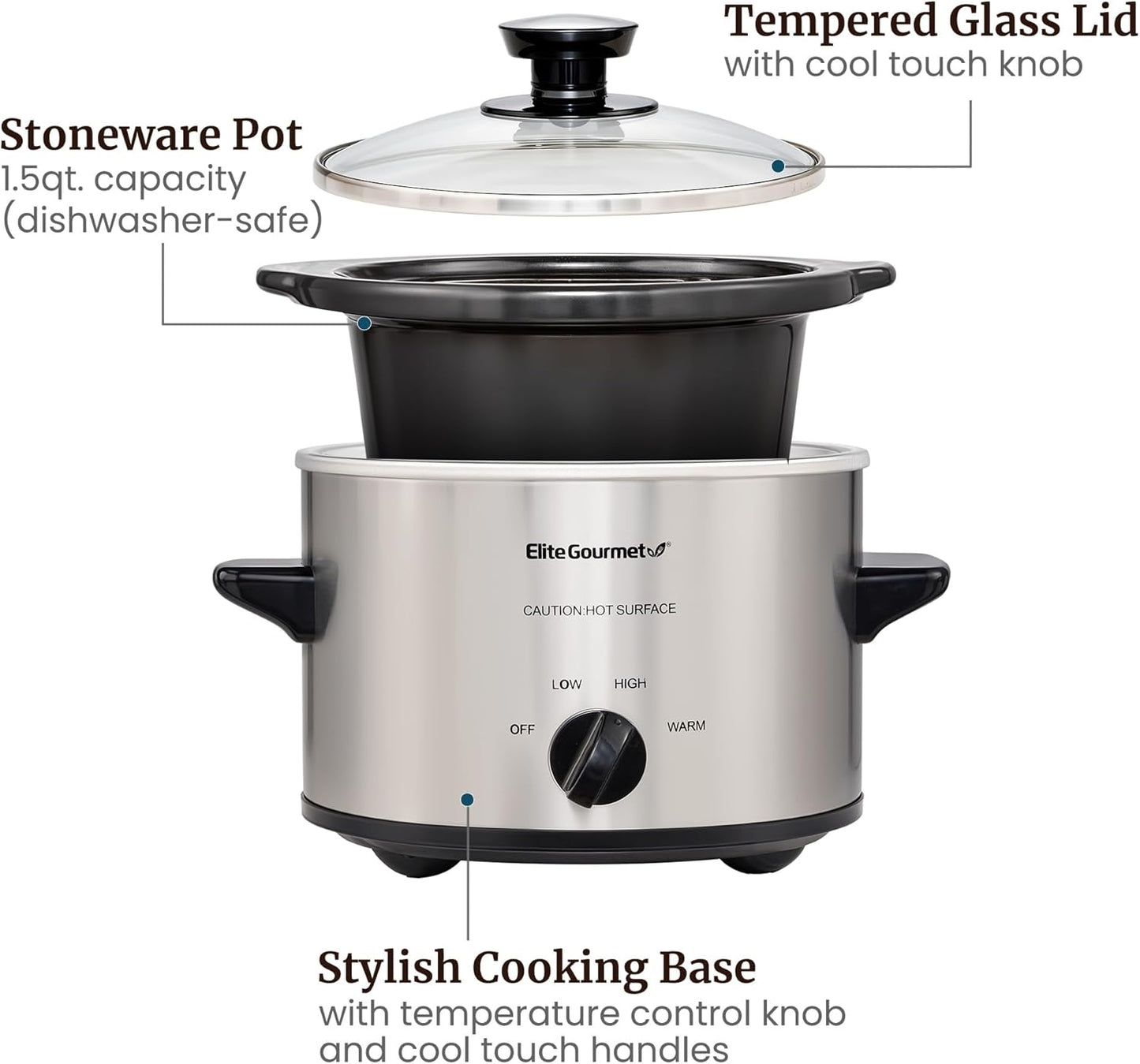 Elite Gourmet MST-250XS Electric Slow Cooker Ceramic Pot, Adjustable Temp, Entrees, Sauces, Stews & Dips, Dishwasher Safe Glass Lid & Crock, 1.5 Quart, Stainless Steel