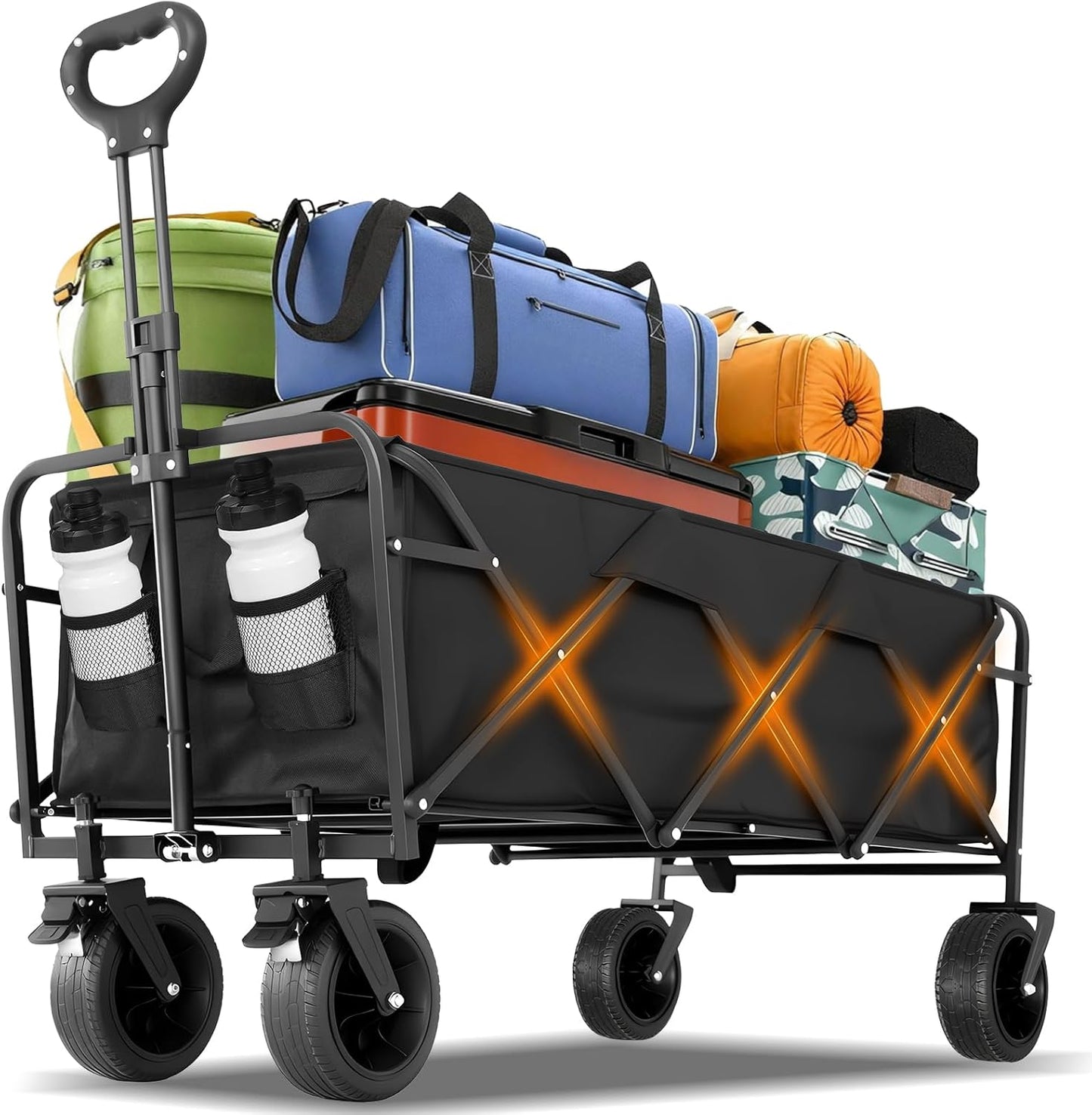 49" Extra Long Wagons Carts Foldable, 440 LBS Large Capacity Collapsible Wagon Heavy Duty with Wheels, Portable Utility Folding Wagon for Beach, Garden & Camping