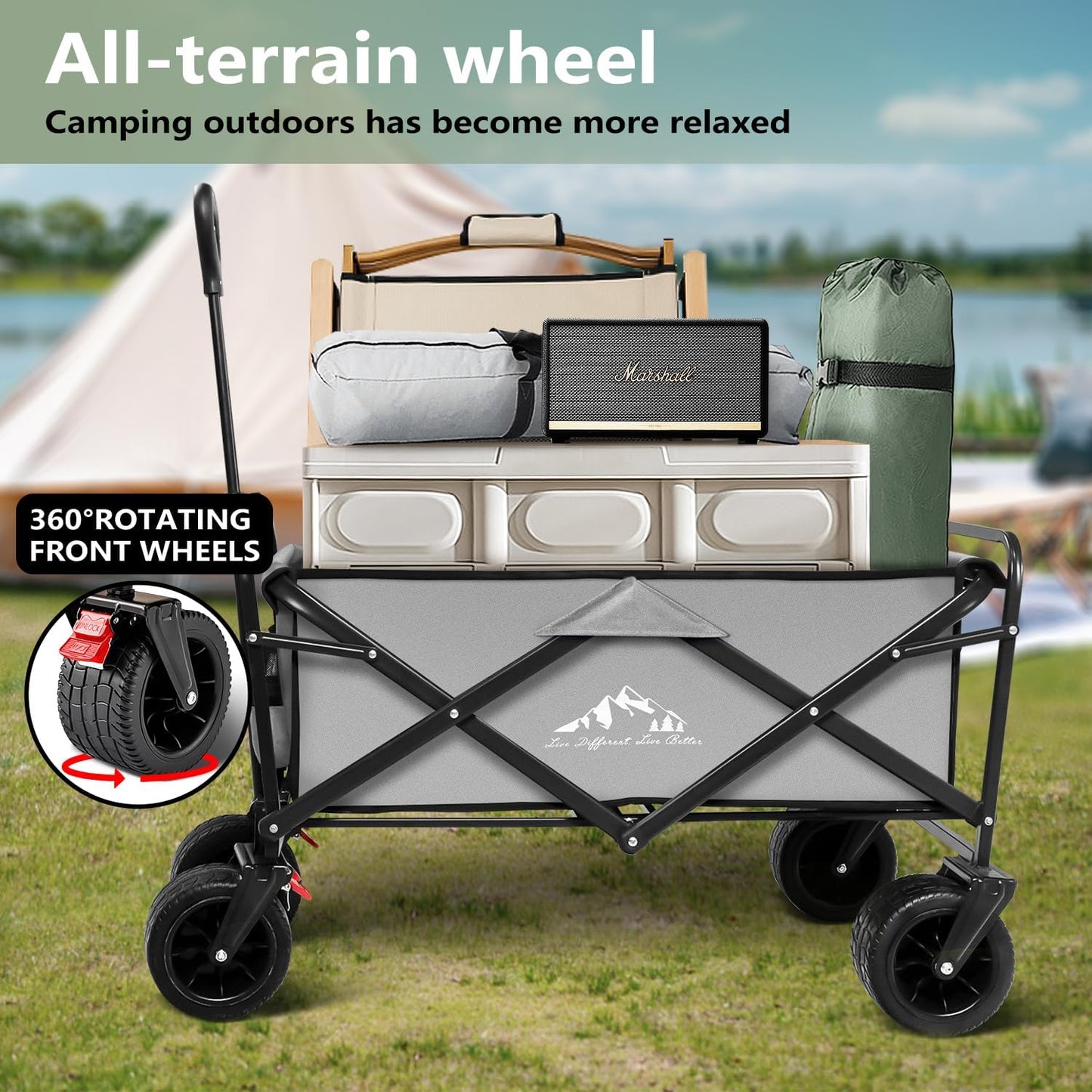 Large Collapsible Wagon Cart Heavy Duty Foldable, Large Capacity Foldable Grocery Beach Wagon for Camping Sports Shopping, Gray