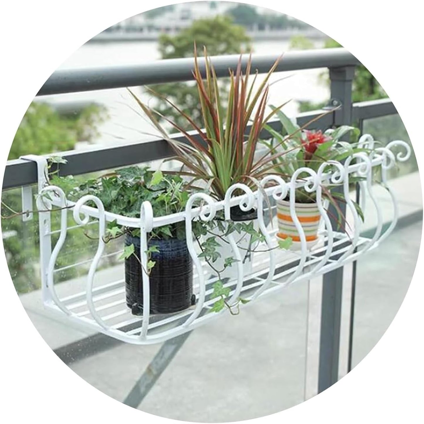 White Railing Planter for Balcony & Fence, Square & Round Hanging Flower Shelf, Window Sill Potted Plant Stand, Durable Garden Decor (80x28x22cm)
