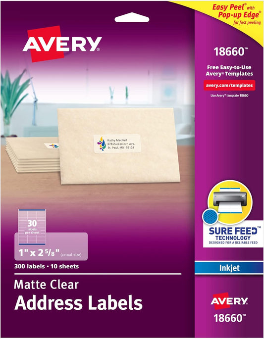 Avery Printable Address Labels with Sure Feed, 1" x 2-5/8", Matte Clea
