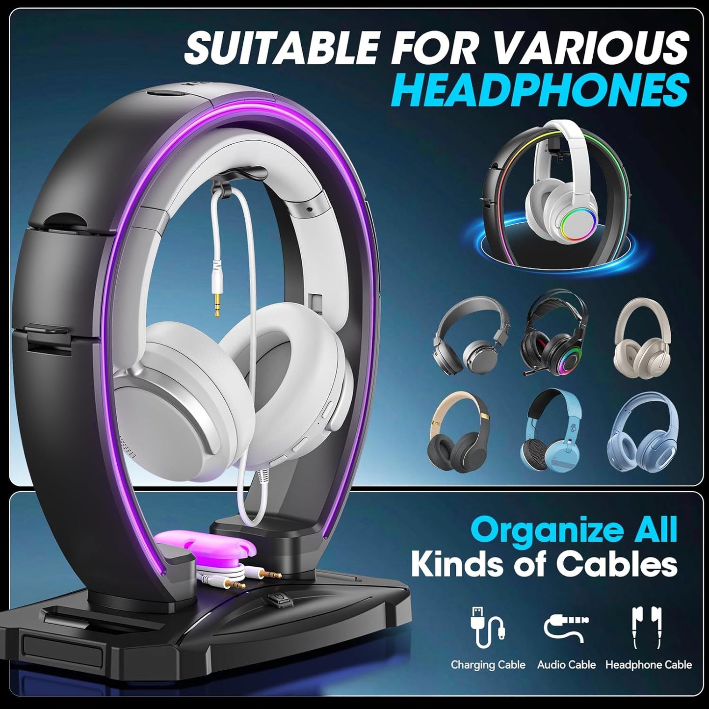 KDD RGB Headphone & Controller Stand with 9 Light Modes - Foldable Con