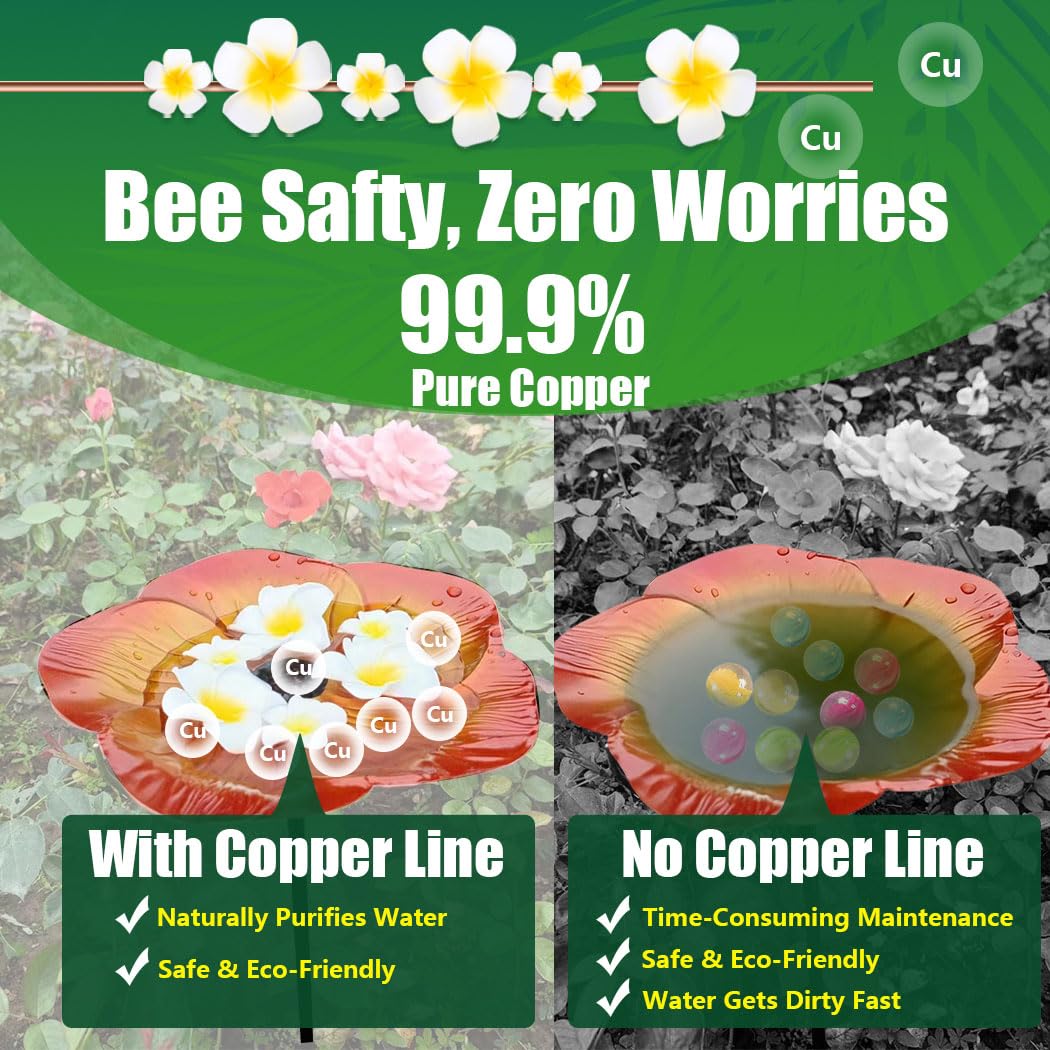Bee Watering Station - Metal Waterer with 99.9% Pure Copper Line Keep Water Fresh/Plumeria Rubras & Colorful Marbles to Attract Bees/Butterflies/Hummingbirds, Nice Plant Shade Garden Decor Gift