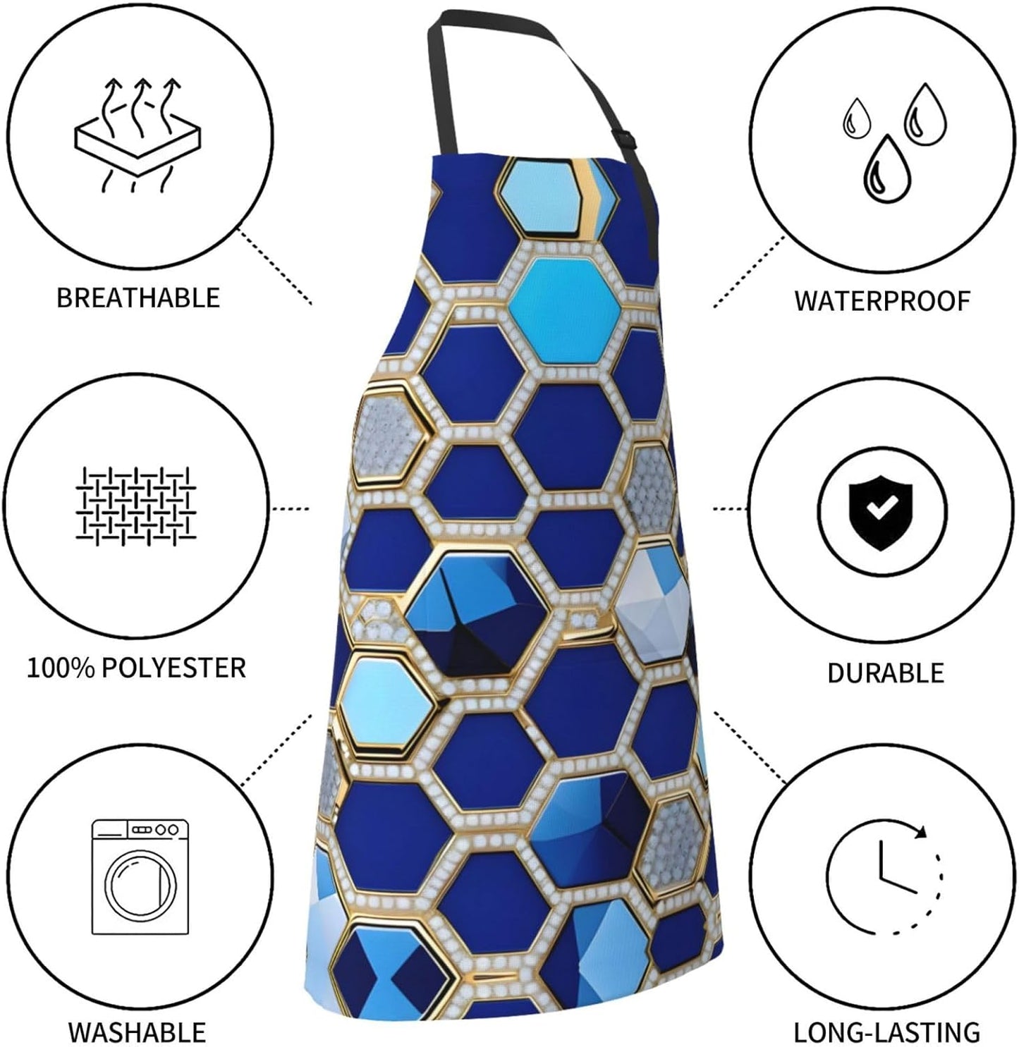 Blue Hexagons and Diamond Print Laundry apron 28x33 In Waterproof Kitchen Apron with Pockets for Cooking Baking