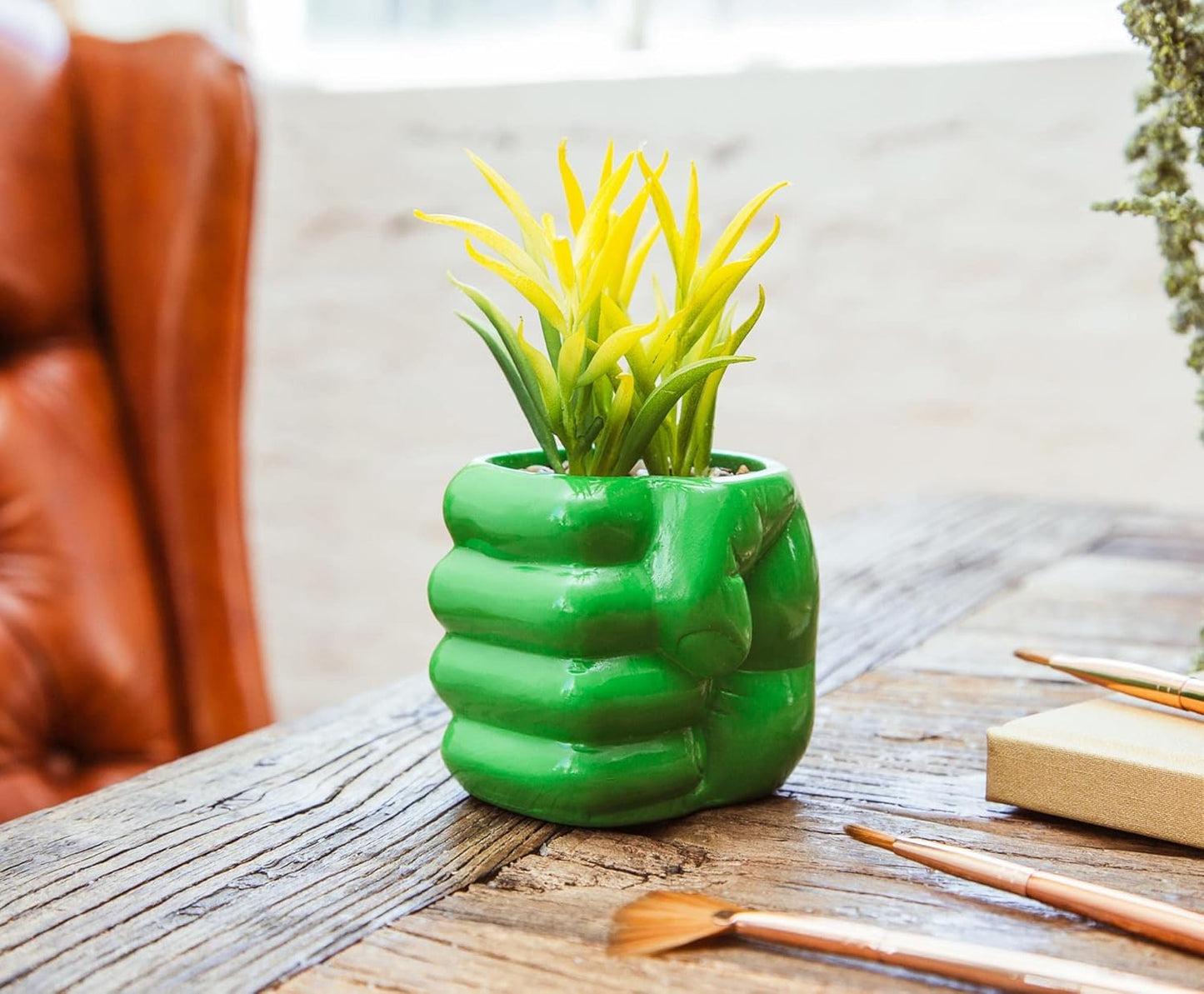Marvel Comics Hulk Smash Hand 3-Inch Ceramic Mini Planter with Artificial Succulent | Cute Small Flower Pot, Faux Indoor Plant
