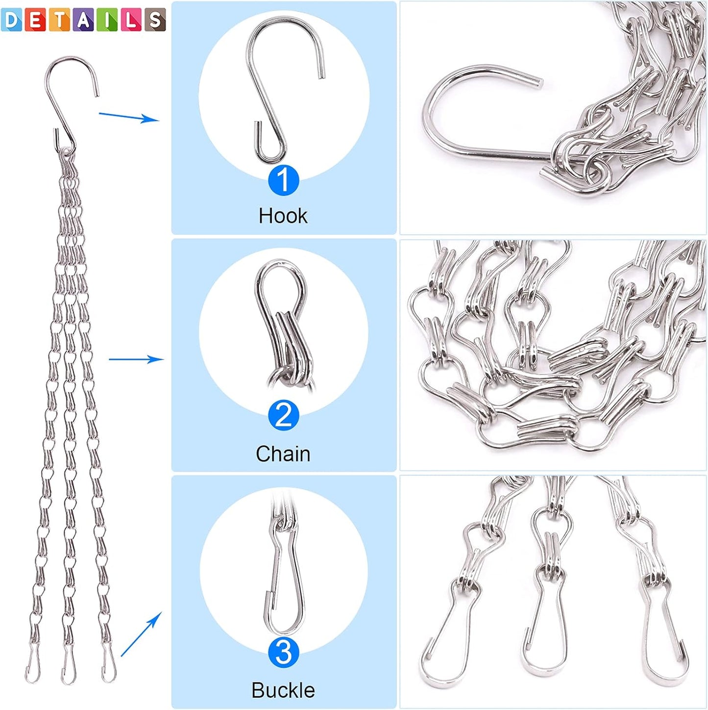 Glarks 15Pcs 16 Inch Metal Hanging Basket Chains Set, 3 Point Flower Plant Pot Replacement Chains with Hooks for Bird Feeders, Planters, Lanterns and Ornaments