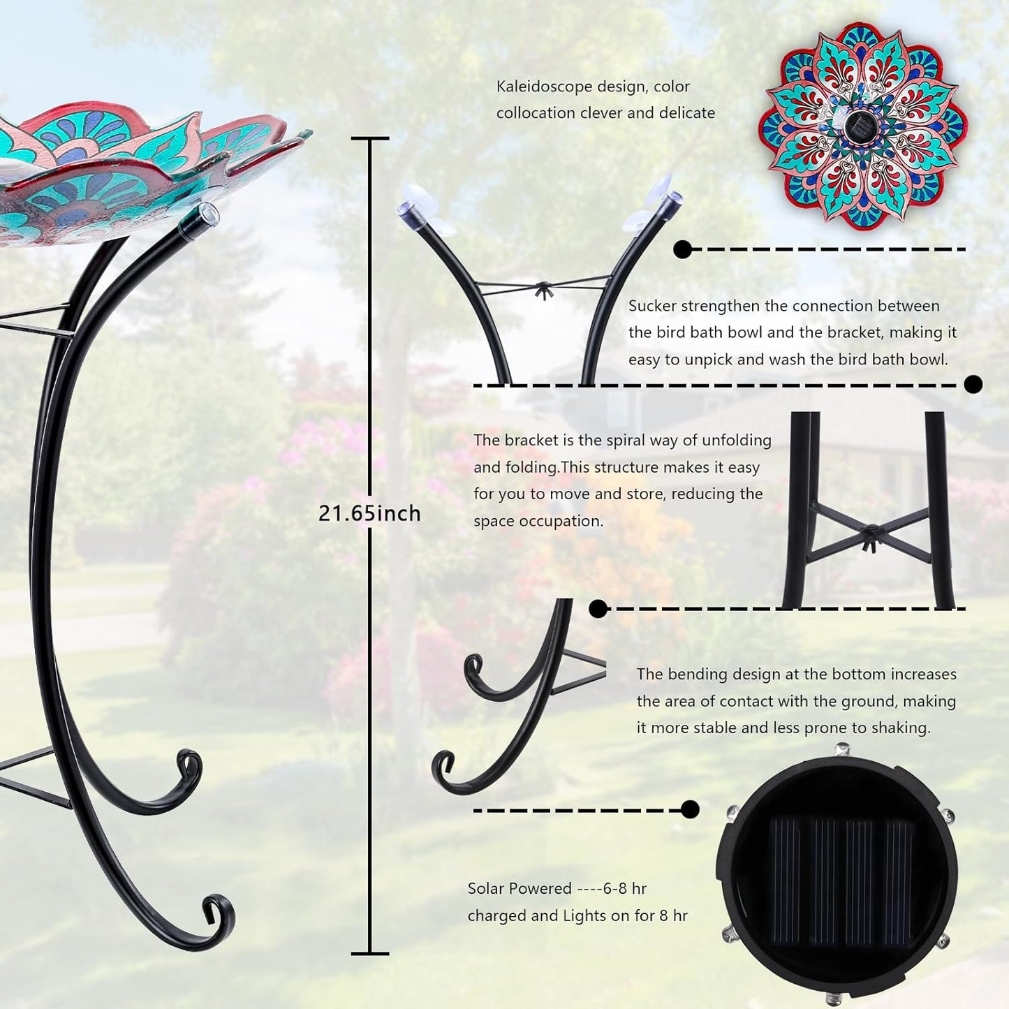 MUMTOP Bird Baths for Outdoors, Glass Large Solar Bird Bath Bowl with Metal Stand, Kaleidoscope Bird Feeders for Outside and Garden, Patio,Lawn Decor (Flower Edge)