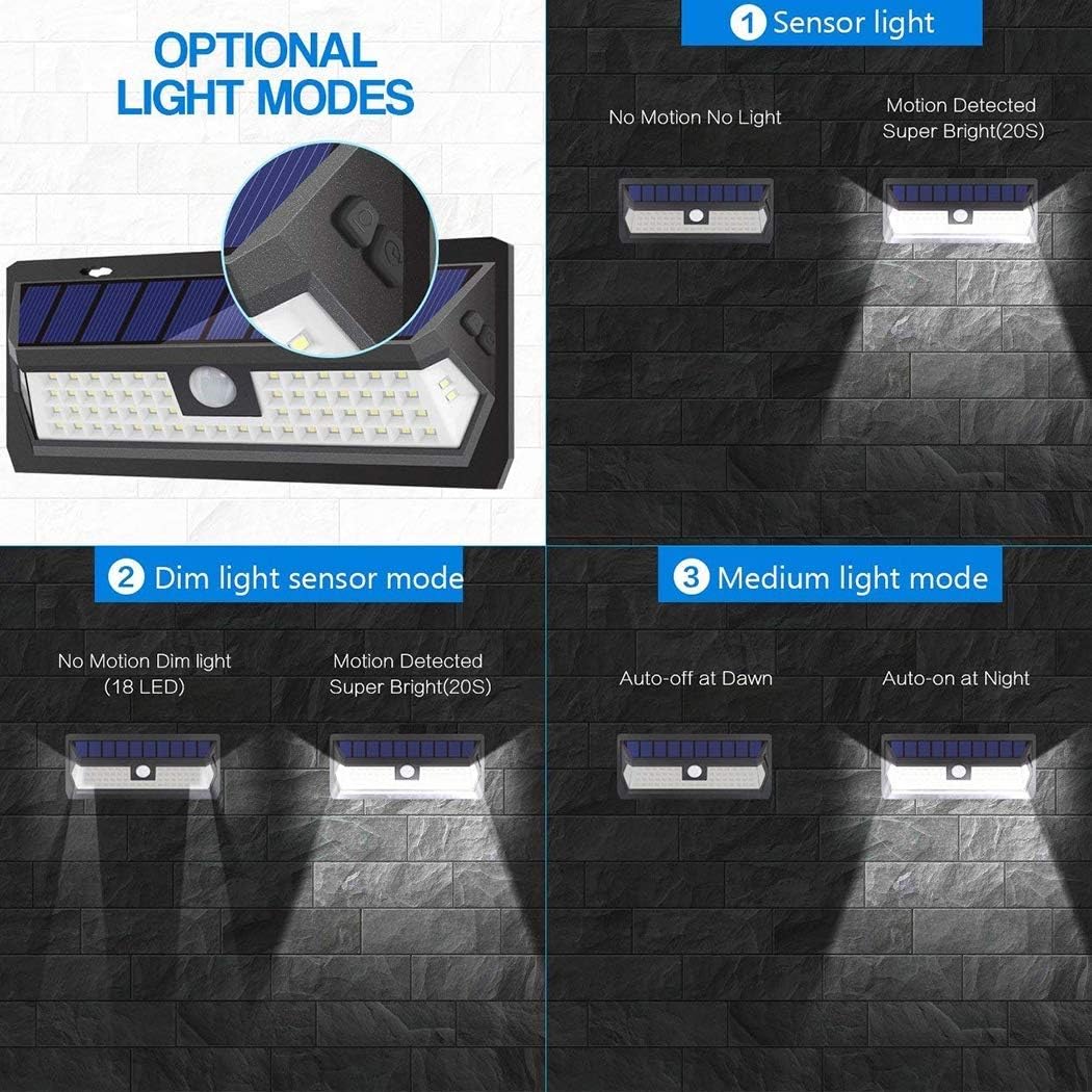 2pack 62LED Solar Light Garden 39ft Infrared Sensor 3 Lighting Mode Security IP65 Waterproof Outdoor Wall Street for Porch Garage Front Door