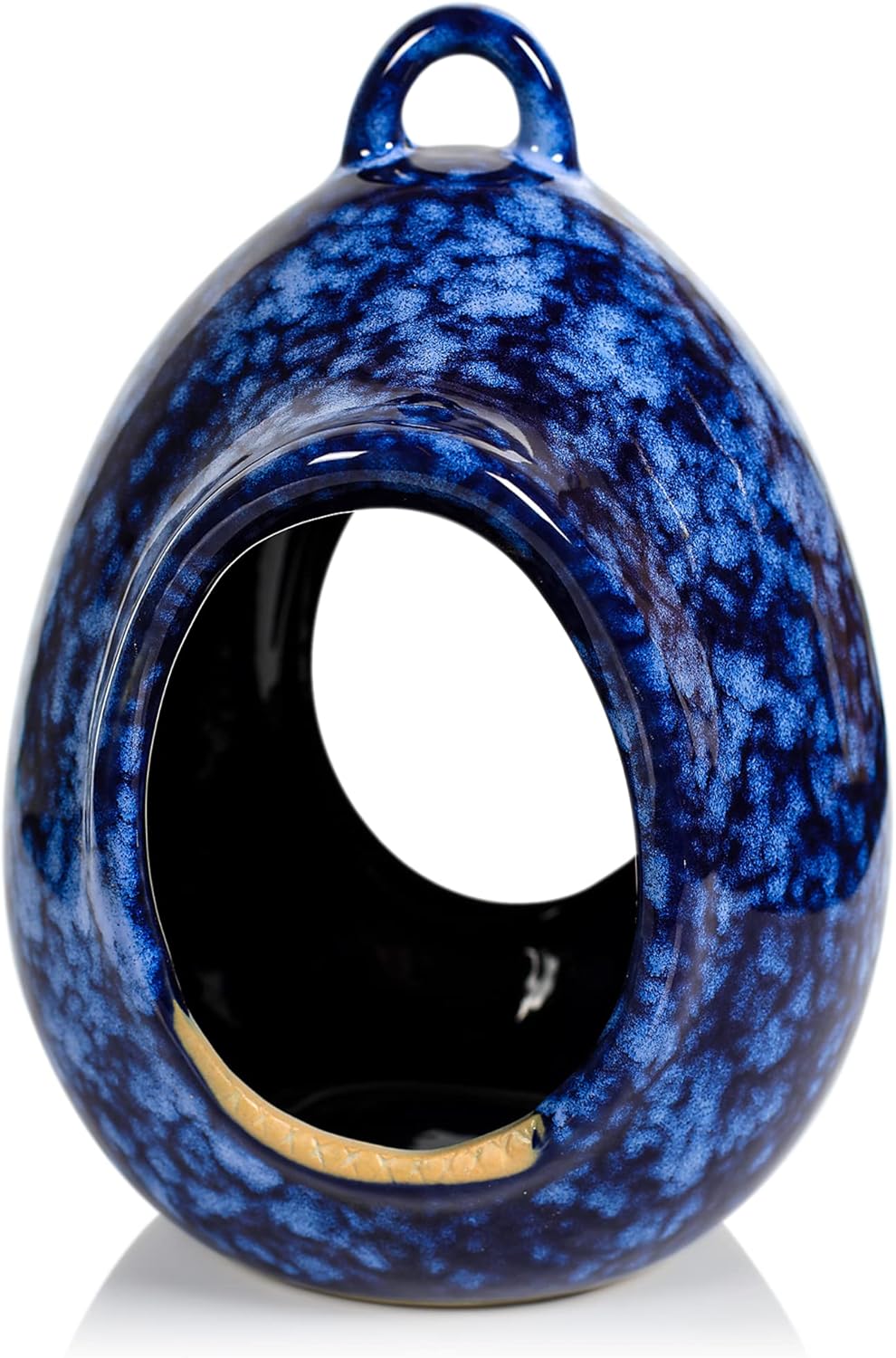 Byer of Maine Egg Fly Through Bird Feeder for Outside, Easy to Refill, High Fired Porcelain Stoneware with Glossy Glaze, 2lbs, Mottled Blue, 8”x6”x7”