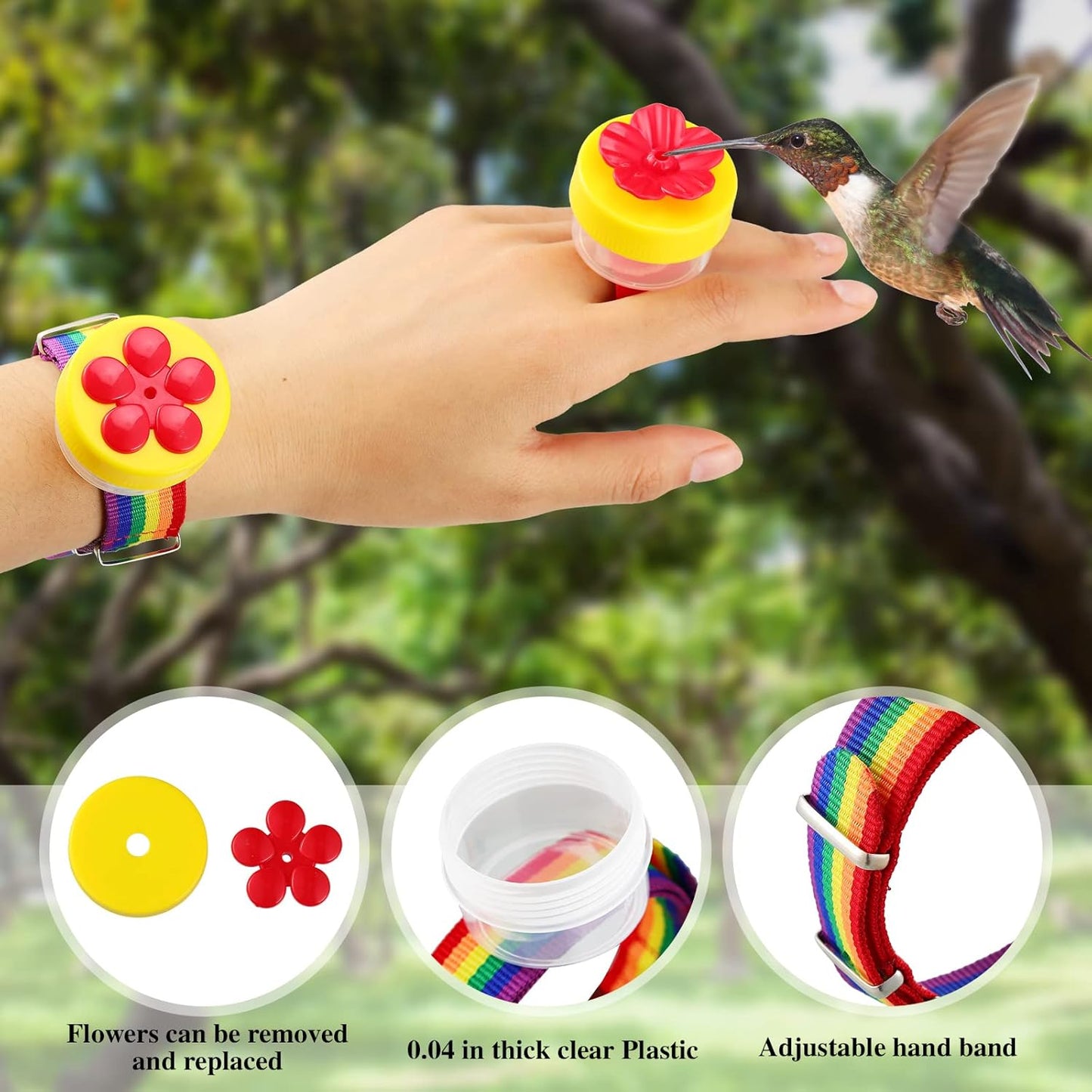 Skyley Hummingbird Hand Feeder Set 3 Packs Handheld Feeders Adjustable Wrist Hand Feeders Suction Cup with Perches Hummingbird Ring Feeder with 12 Cleaning Brush for Outdoors
