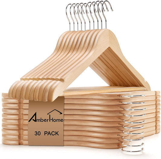 Amber Home 30 Pack Wooden Coat Hangers, Natural Wood Suit Hangers with