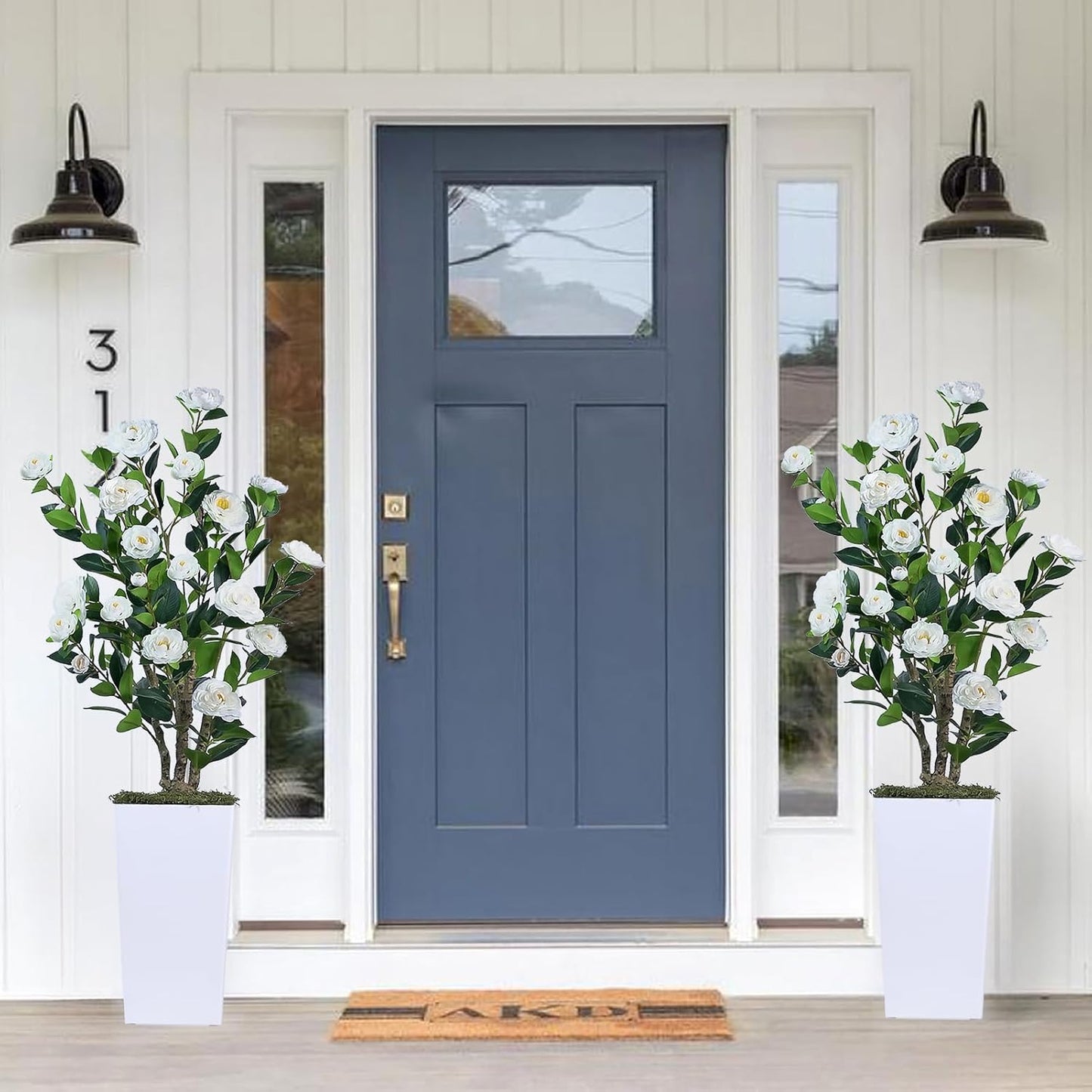 2Pack Artificial Camellia Tree with White Tall Planter – 4FT Faux Camellia Plant in Pot with White Flowers, Greenery Potted Plant for Indoor Outdoor Office Home Porch Decor