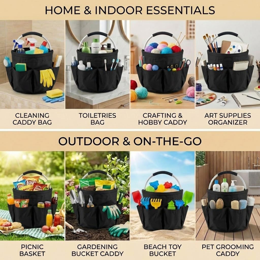 Multifunctional 17L Cleaning Caddy,Foldable 600D Organizer Bag with EVA Grip and 6 Pockets,Portable Storage Tote for Housekeeping,Car Detailing,Garden,Bathroom and Dorm (black)