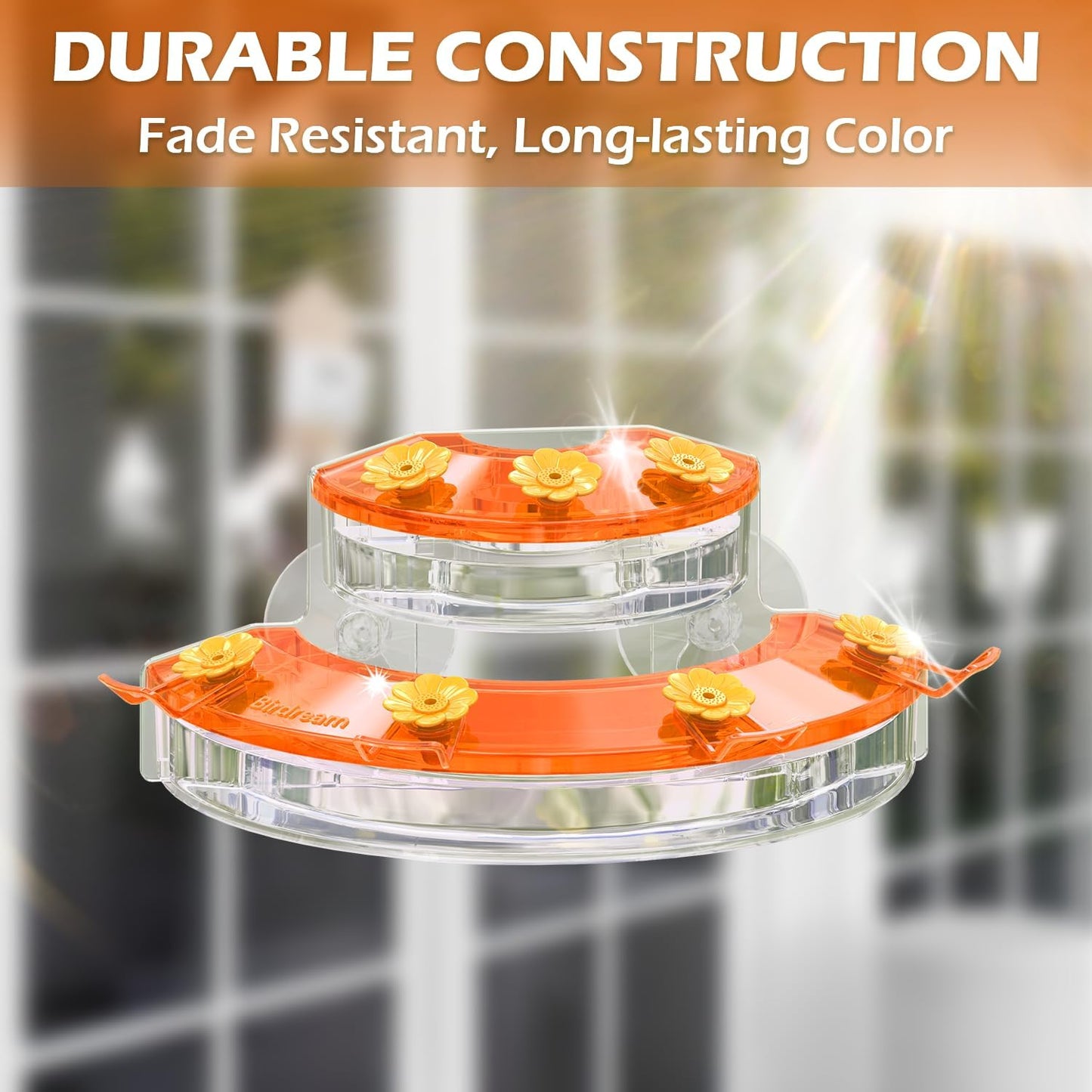 Birdream Window Hummingbird Feeders for Outdoors, with Strong Suction Cups & 7 Feeding Ports, Easy to Use and Maintain, Gift for Bird Lover, Plastic Bird Feeder, 2 Pack, 10oz Per Pack - Orange