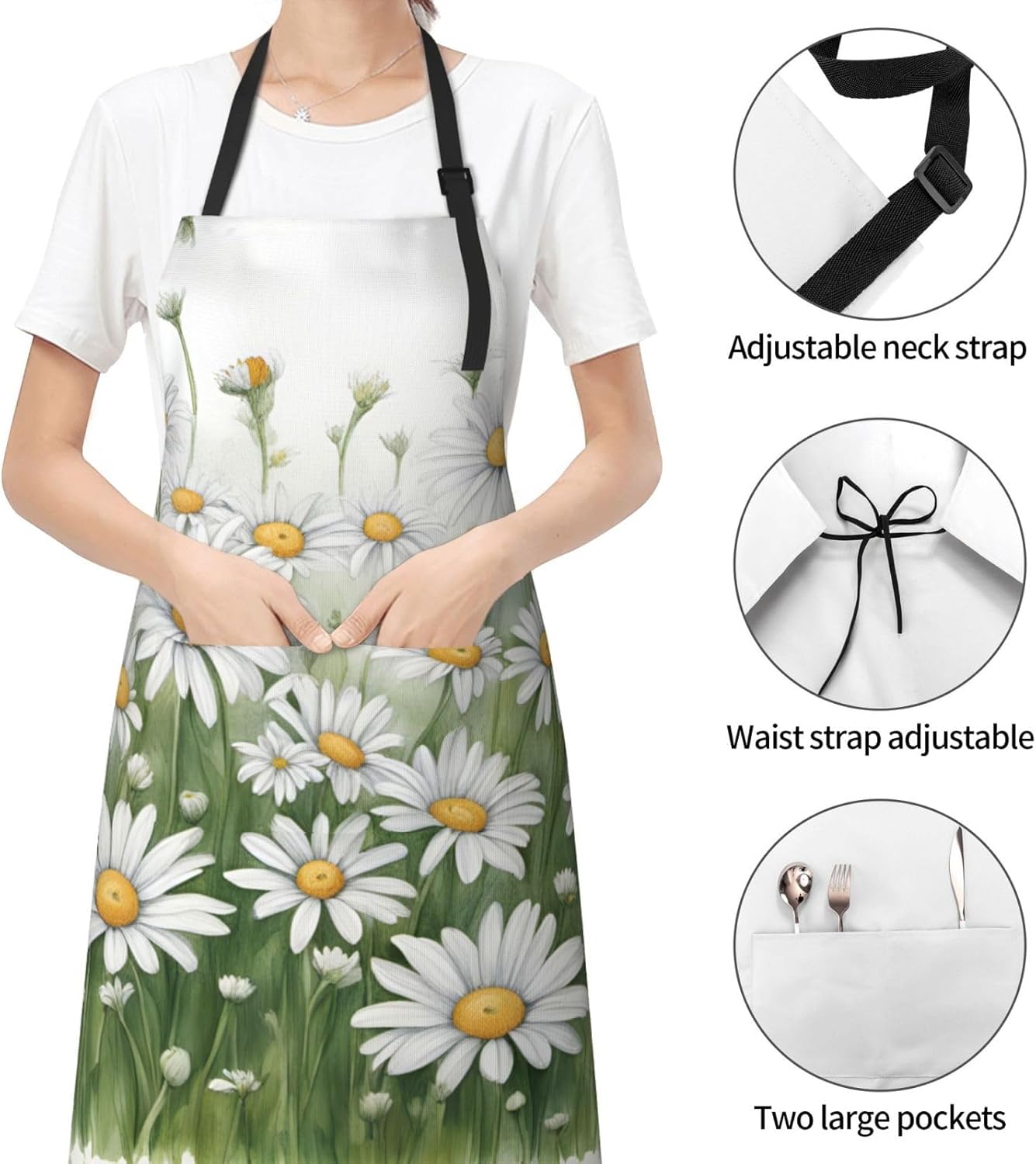 White Daisy print Waterproof apron with pocket adjustable cooking apron for adult kitchen bibs to bake