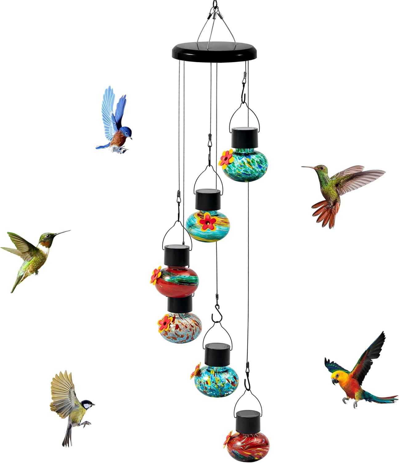 Solar Power Hummingbird Feeders - Colorful Hand Blown Glass Window Wil