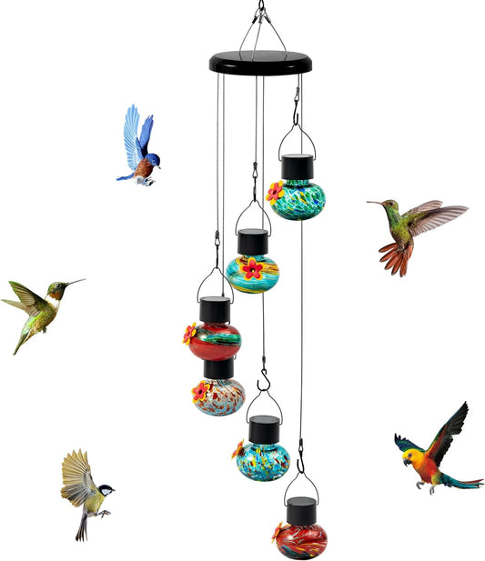 Solar Power Hummingbird Feeders - Colorful Hand Blown Glass Window Wild Humming Bird Feeders Outdoor Hanging Flower 6 Bee Guard Leak Proof Feeding Ports Garden Yard Backyard Decor Easy Clean