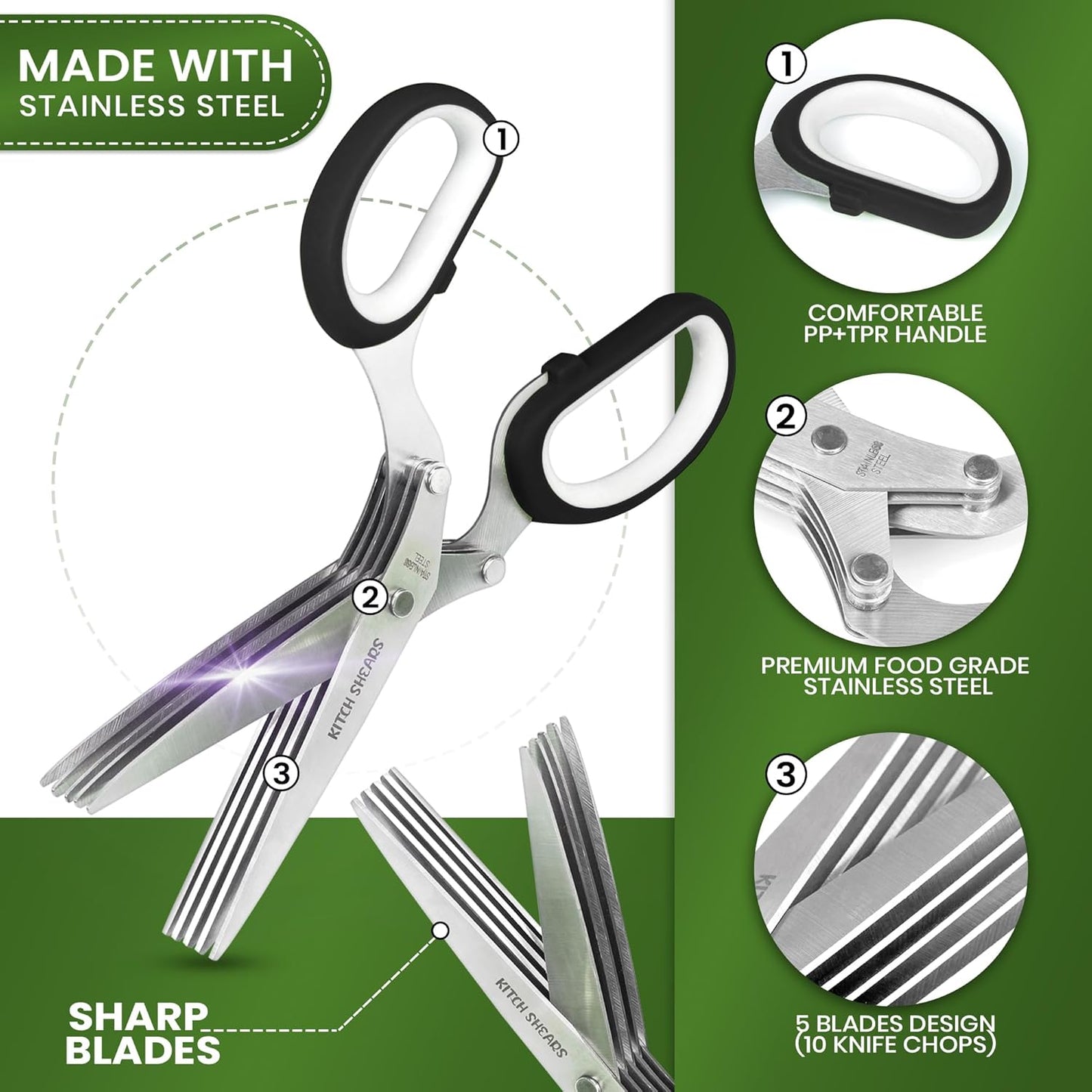 KitchShears Herb Scissors with 5 Blades and Cover - Premium Quality Stainless-Steel Herb Cutter for Kitchen & Garden Herbs - With safety Cover and Cleaning Comb - Dishwasher Safe & Easy to Clean
