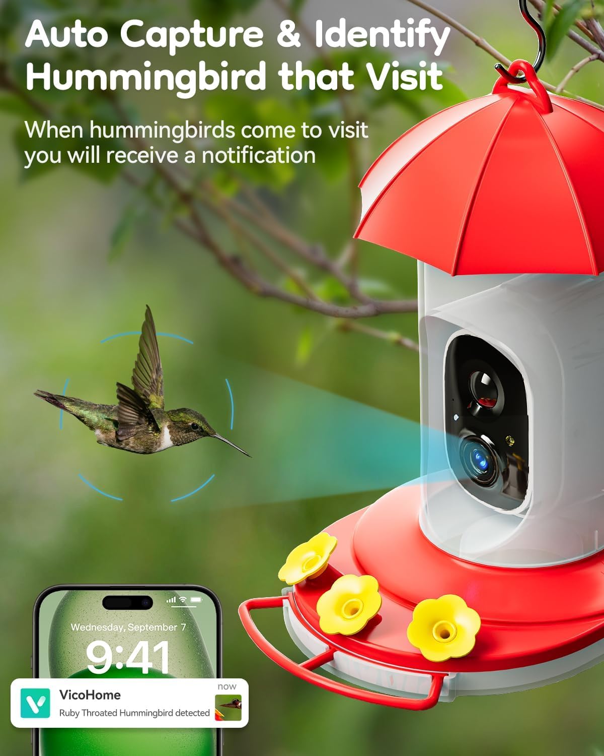 LongPlus® Hummingbird Feeder with Camera, Ant Moat, Bee Proof, Bird Feeder with Camera, Bird Watching Camera with 3 Feeding Ports, Instant Notification, Ideal Gift