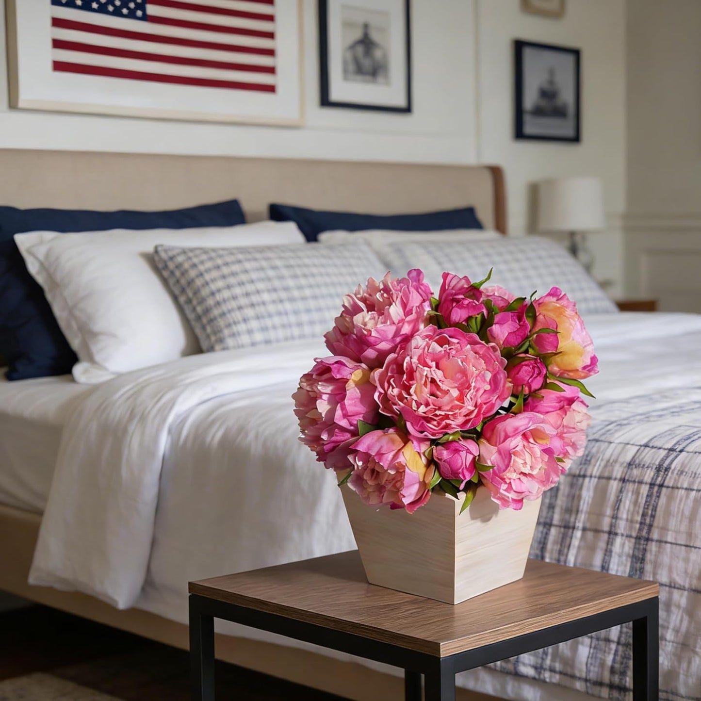 Peonies Artificial Flowers with Wood Pot, 12Pcs Pink Silk Flower Home Decor, Centerpieces for Tables, Floral Bulk with Planter, Lifelike Peony for Windows Office Dinning Room Bookshelves