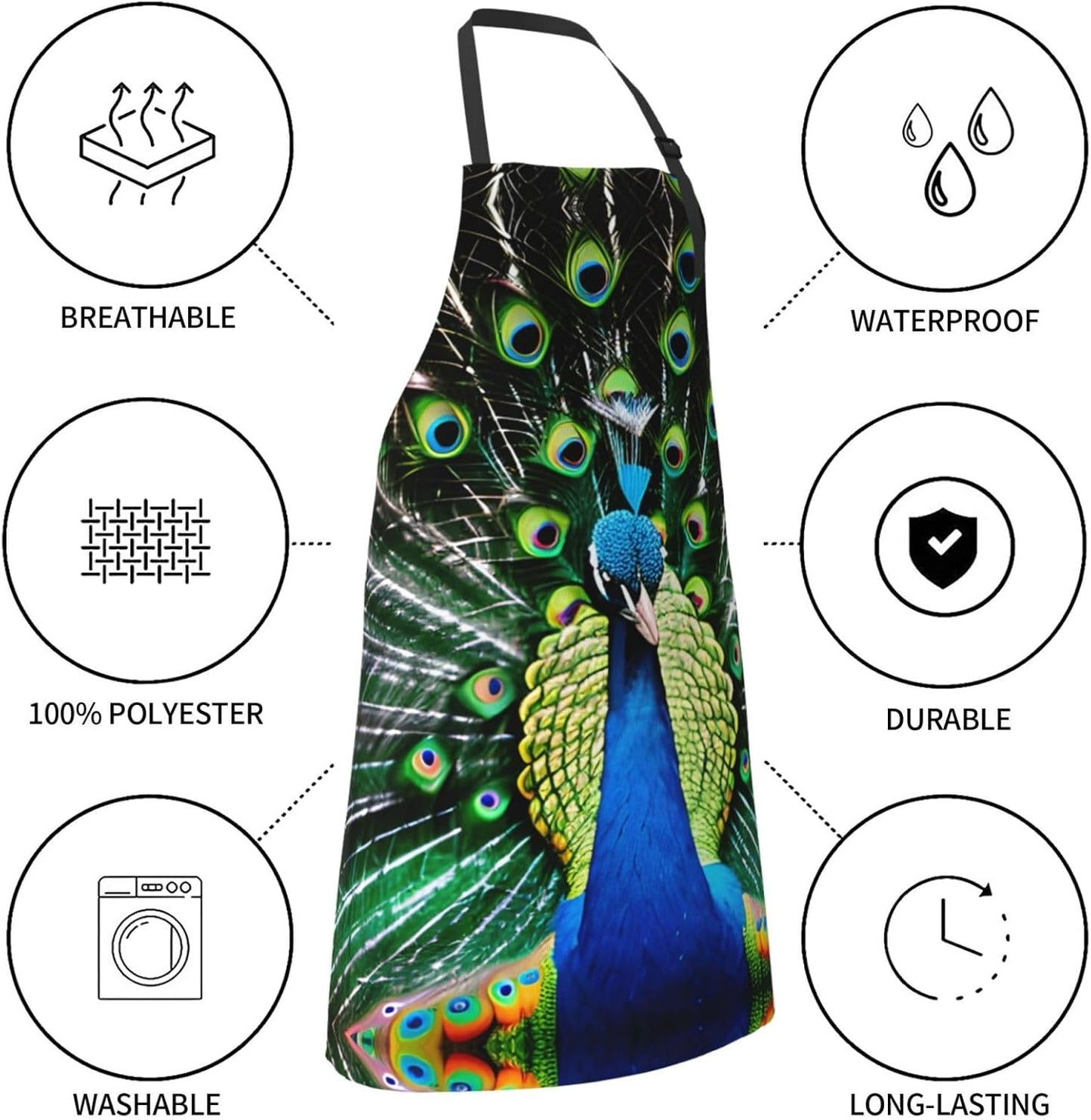 Fresh peacock print Waterproof chef's apron with pocket apron for kitchen cooking baking barbecue and gardening