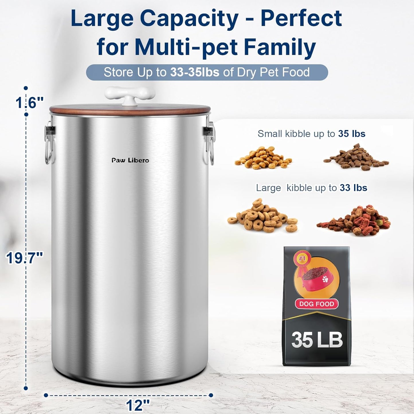 35 Lbs Stainless Steel Dog Food Storage Container with Airtight Wooden