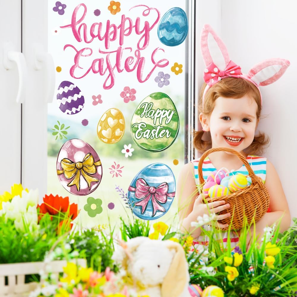 DIYDEC 6 Sheets Easter Window Clings Large Easter Eggs Window Decals Oil Painting Eggs Flowers Stickers for Home Office School Decor Spring Glass Window Decoration