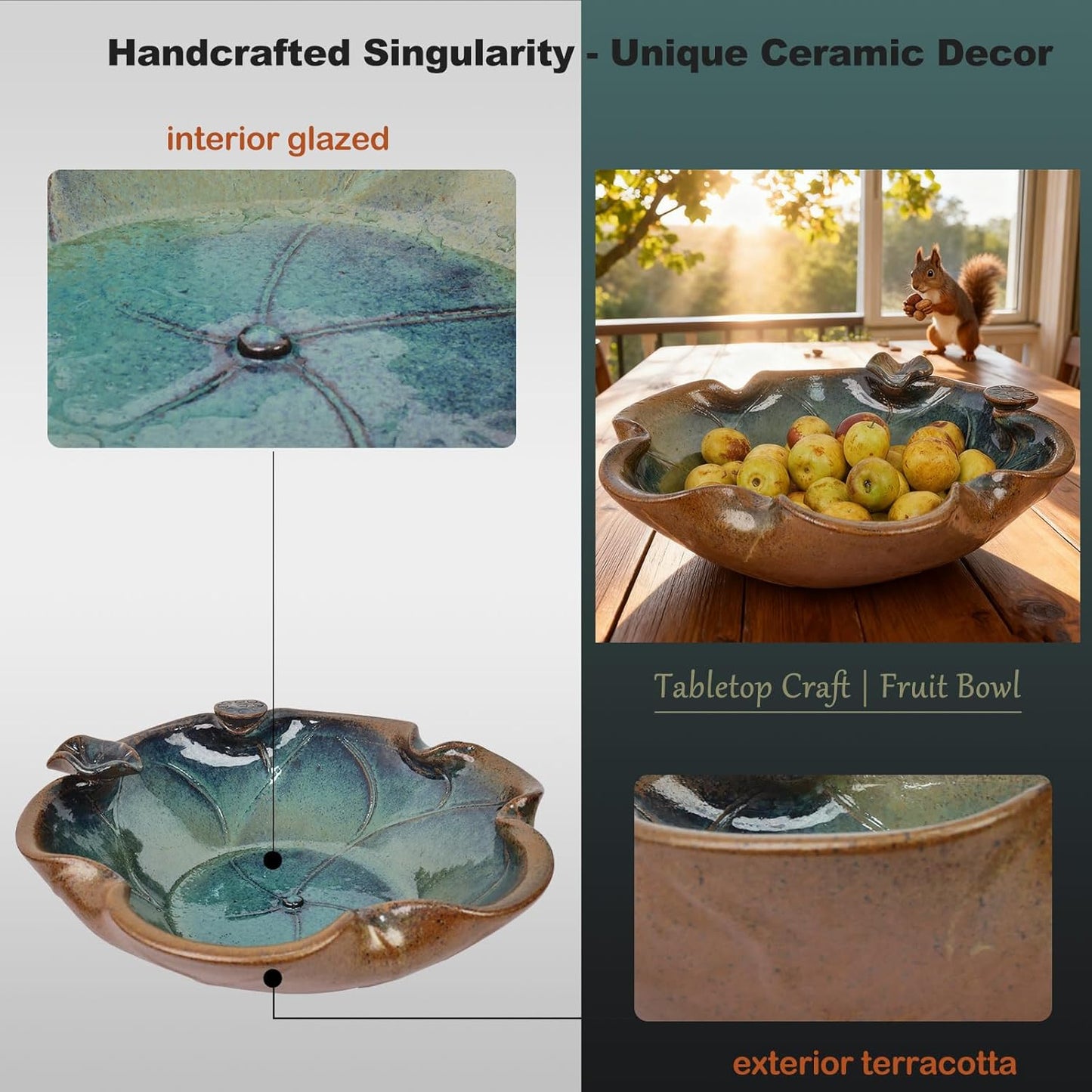 Ceramic Bird Bath and Feeder, Heavy Duty 12.5-Inch Ground Feeding Bowl, Wildlife Water Station for Squirrel Rabbit Bird Bee - Garden, Yard, Balcony Décor