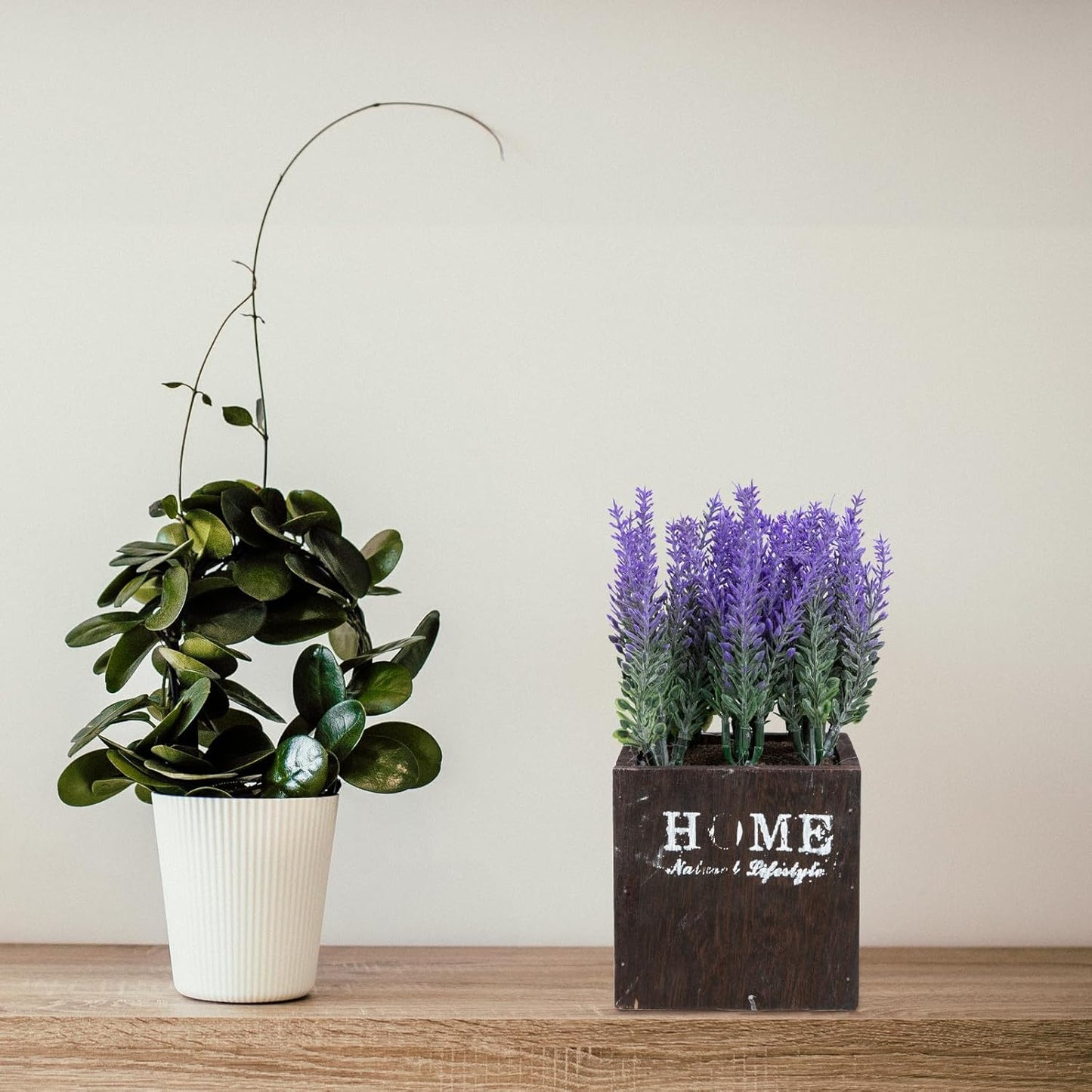 PRETYZOOM Artificial Lavender Pot with Wooden Planter, Simulation Potted Bonsai, Purple Faux Flower Decoration for Home, Kitchen, Bathroom, Farmhouse Style Desktop Ornament