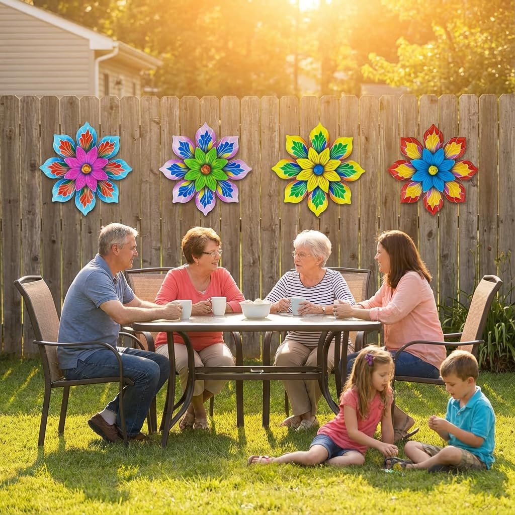 GENHAOTHREE Vibrant Metal Flower Wall Art Decor Set of 4-5.9 Inch Colo