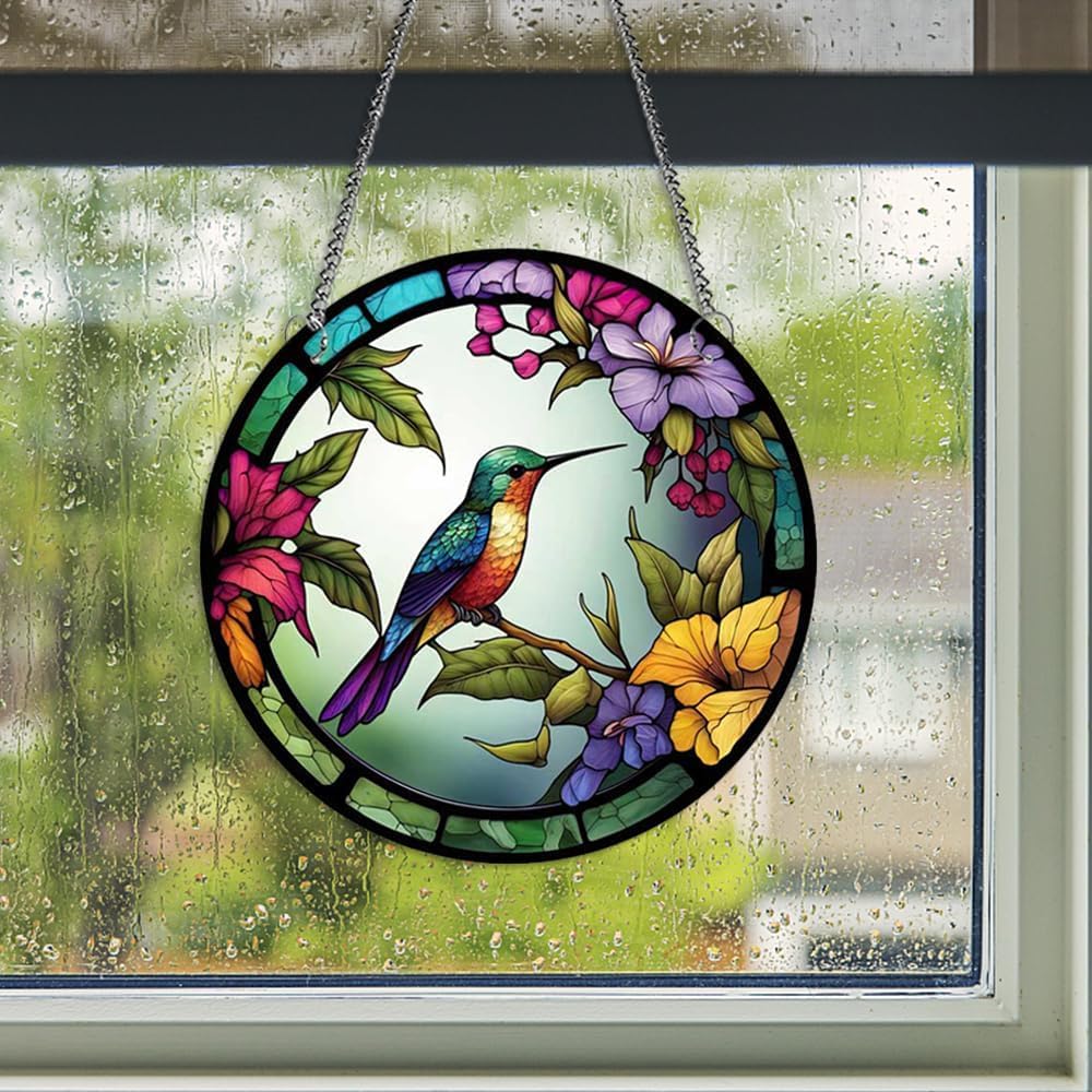 Hummingbird with Flower 2D 8inch Acrylic Window Hangings, Bird Suncatcher Pendant Indoor Wall Home Decor Gifts for Birthday Mothers Day Hummingbird Gifts for Women Mom Grandma Bird Lovers(A, 8"/20cm)