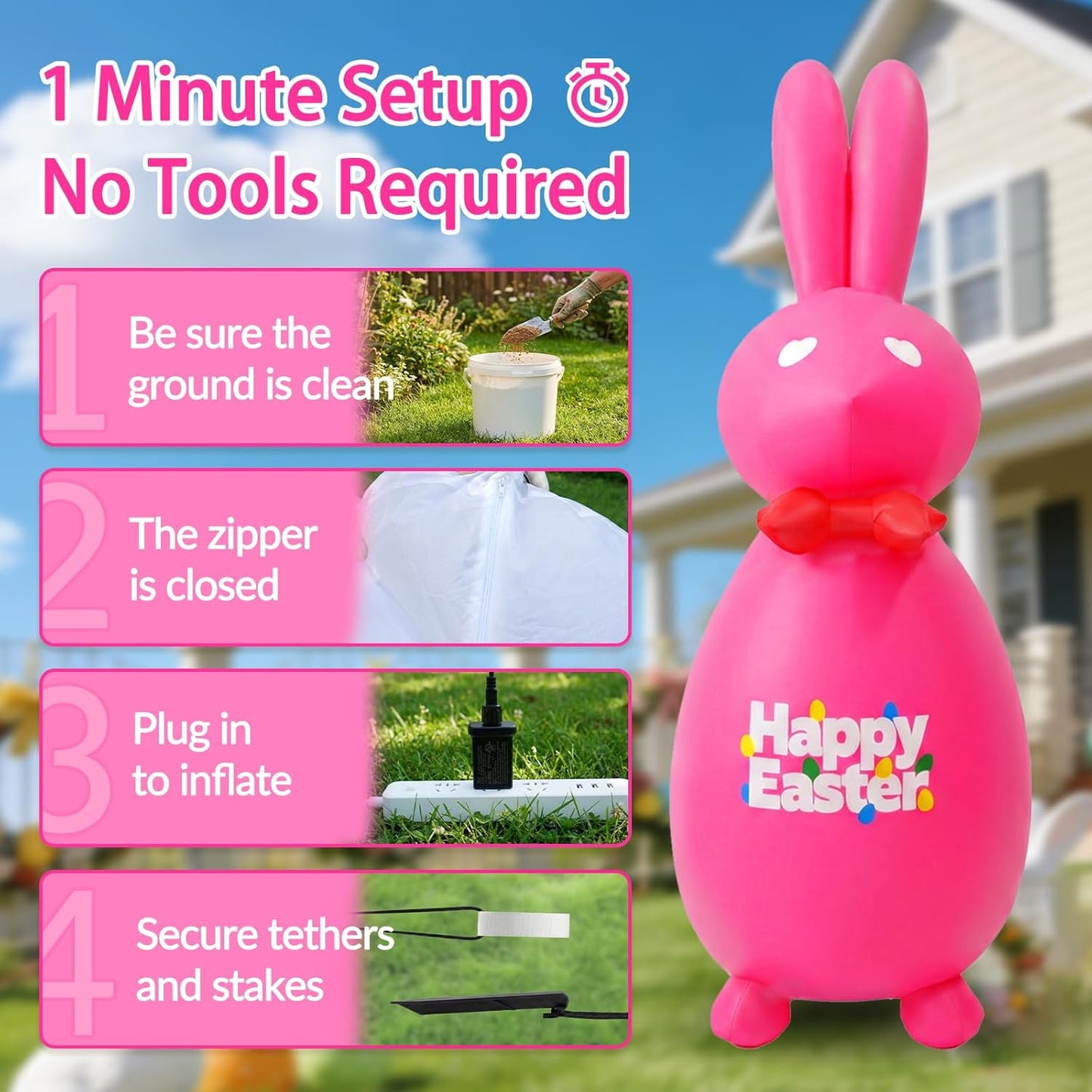 6FT Easter Inflatable Bunny Outdoor Decoration, Giant Pink Blow Up Rabbit with LED Lights, Easter Yard Decor for Lawn Garden Patio, Holiday Party Inflatables with Stakes & Tethers