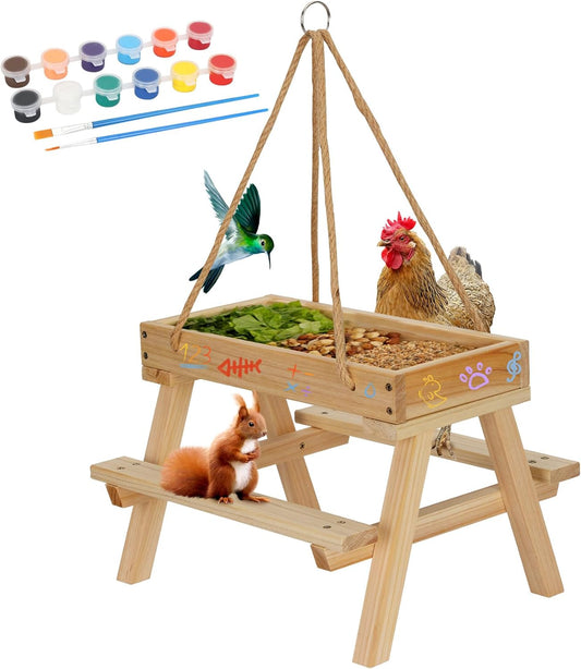 Squirrel Picnic Table Feeder, DIY Wood Building Kits with Paint Set,for Wild Birds, Chickens, Ducks, Squirrels & Other Poultry, Build Your Own Bird Feeder