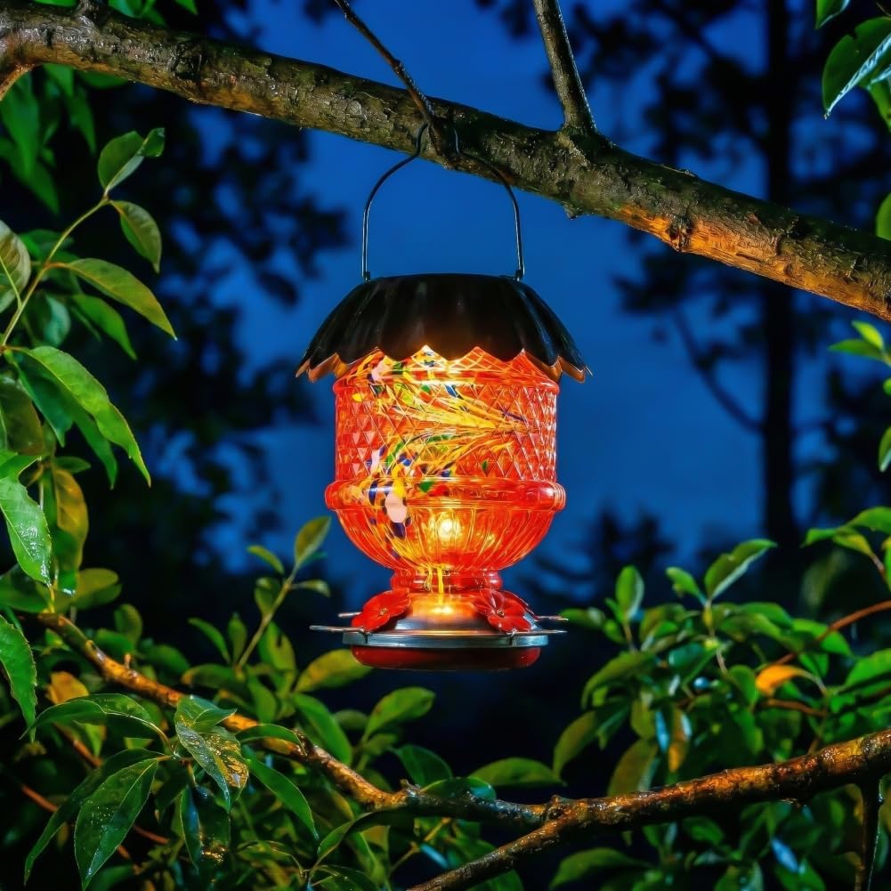 Solar Hummingbird Feeder with Perch 48 OZ Hand Blown Glass Hummingbird