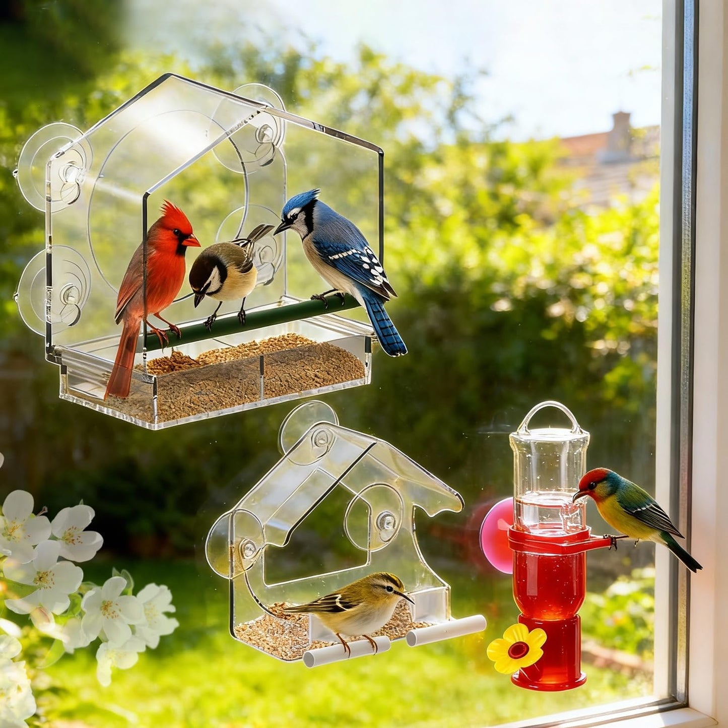 Window Bird Feeders (Large & Small) Plus Hummingbird Waterers（3-Piece Set） Lure Various Birds, Offer Easy Food & Water Access. Extra-Strong Suction Cups, Easy to Mount, Perfect for Outdoor Use.