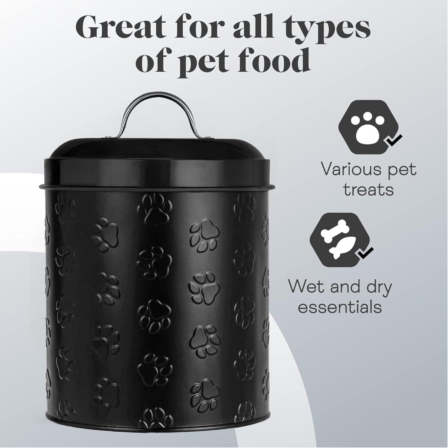 Amici Pet Puppy Paws Black Metal Canister with Embossed Paw Design - Large 140 oz Airtight Food Storage Jar for Wet or Dry Pet Foods - (8" H x 6" W) BPA Free Container for Organization