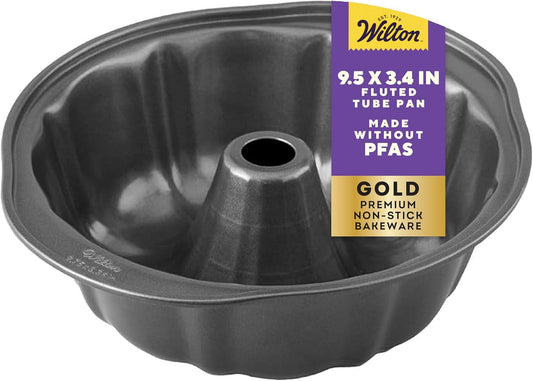 Wilton Gold Non-Stick 9.49 in Fluted Tube Cake Pan, Cold-Rolled Steel Bakeware, Made without PFAS, Packaging May Vary