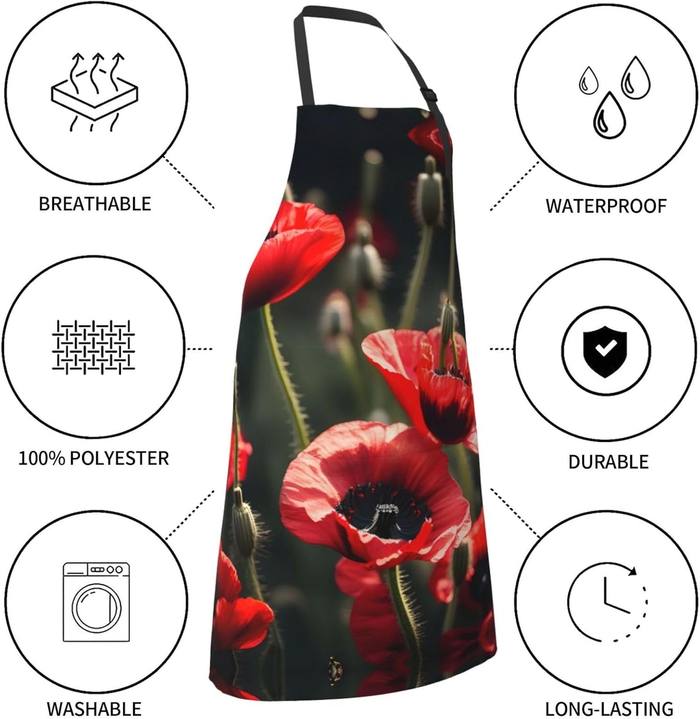 Beautiful Red Poppy Flower Print Laundry apron 28x33 In Waterproof Kitchen Apron with Pockets for Cooking Baking