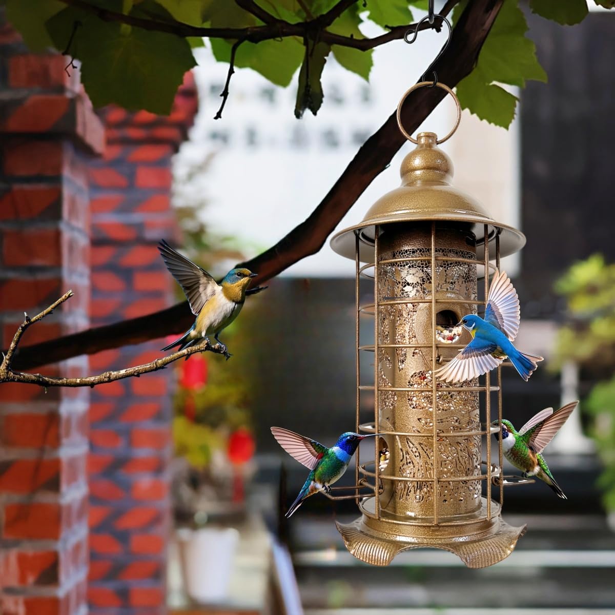 Rustic Metal Hanging Bird Feeder for Outdoors, Weather Resistant Wild Seed Feeders with Protective Cage & Perches for Backyard Patio Porch Gift Idea for Women Mom Grandma Bird Lovers