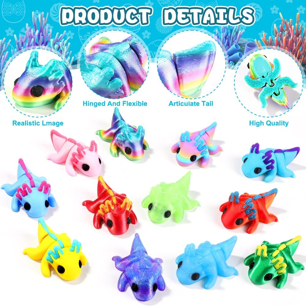 DIYDEC 24pcs Easter 3D Printed Animals Axolotl Figurines with 3D Printed Eggs Mini Fidget Toys for Kids Boys Girl Easters Basket Stuffers School Classroom Prizes Egg Hunt Party Favors Gifts