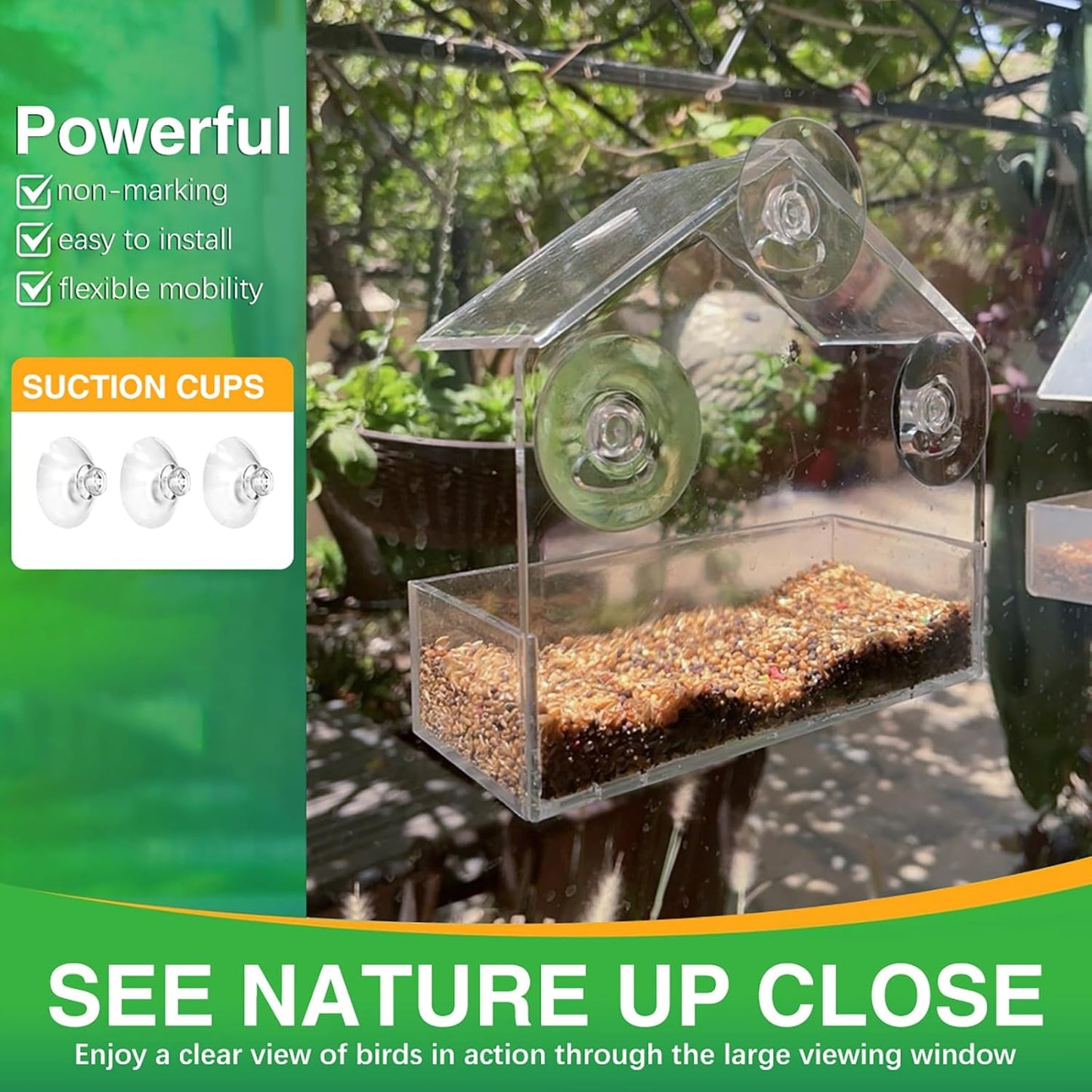 Clear Window Bird Feeder with Strong Suction Cups, Sturdy and Durable Acrylic Birdfeeders for Viewing Wild Birds Outside, Outdoor Small Bird House, Garden Decor