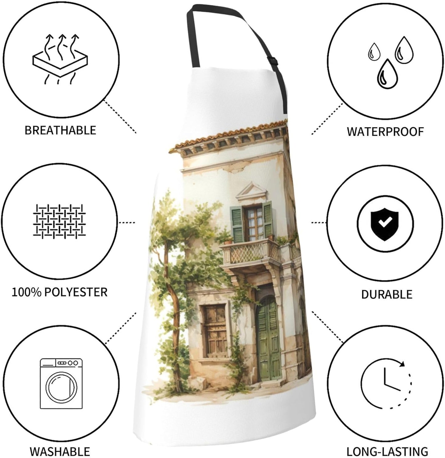 Antique Building with Roman Olive Branch and Greek print Waterproof chef's apron with pocket apron for kitchen cooking baking barbecue and gardening