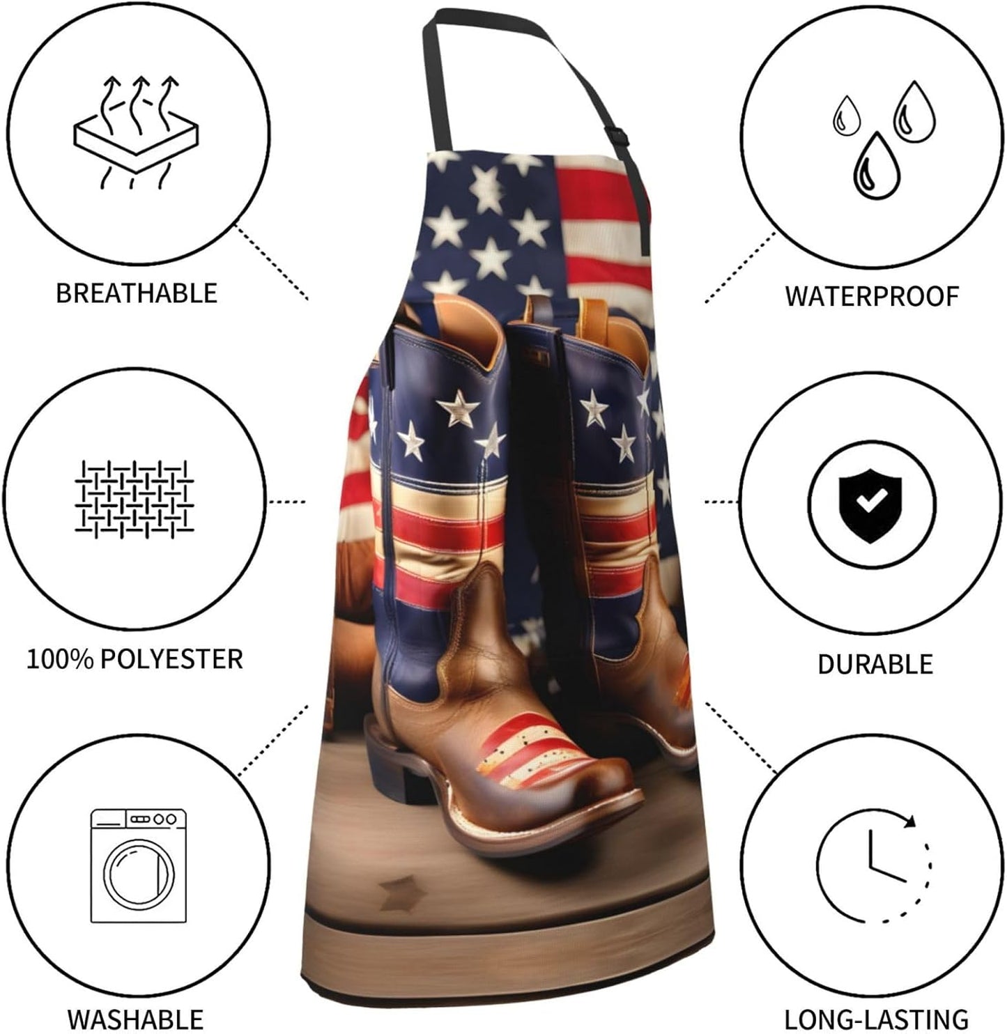 American Flag with Cowboy Boots Print Laundry apron 28x33 In Waterproof Kitchen Apron with Pockets for Cooking Baking