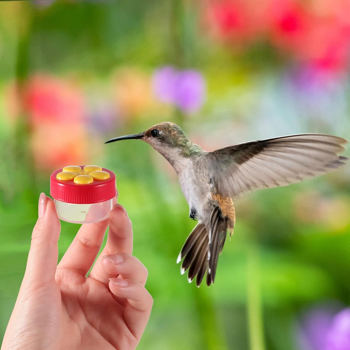 Hand Hummingbird Feeder 4 Pieces Window Flower Hummingbird Feeder Wild Bird Feeders with Cleaning Brush for Outdoor Supplies, Red and Yellow