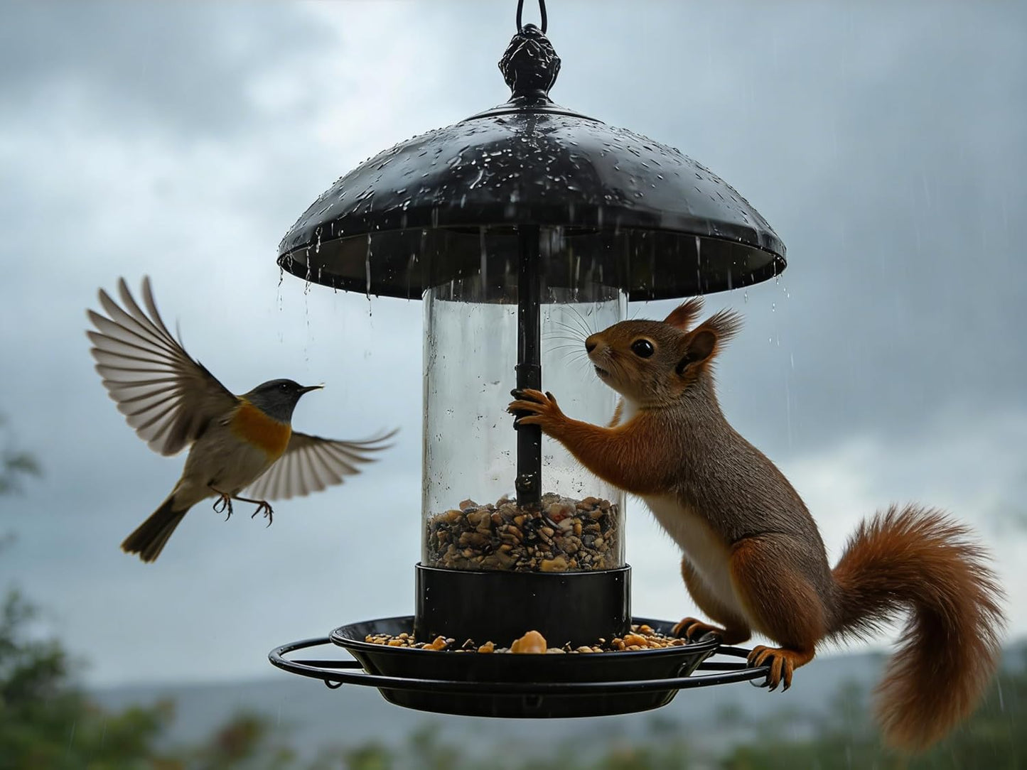 Metal Bird Feeder for Outdoors Hanging - Squirrel Proof & Chew Proof Wild Bird Feeders - Heavy Duty Vintage Lantern with Rain Guard for Cardinal, Blue Jay, Finch (Bronze)