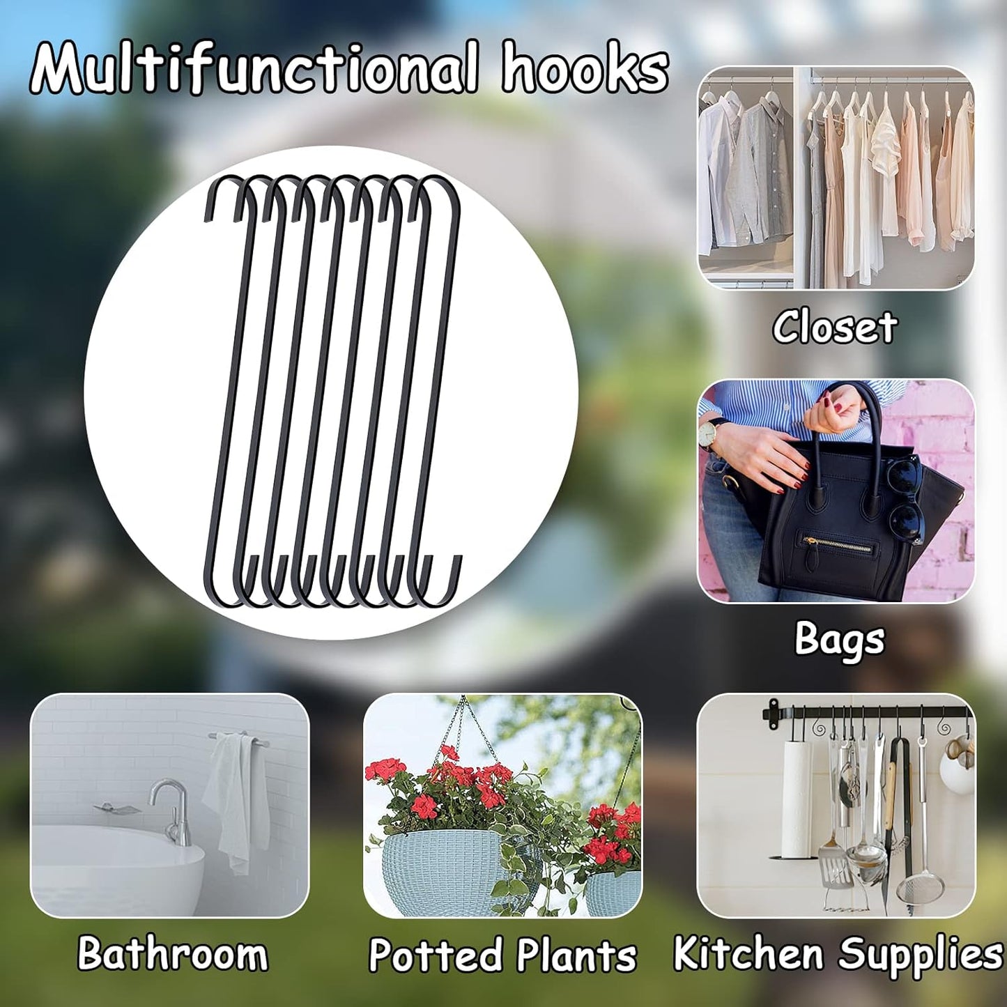 8 Pack 12 Inch Large S Hooks Black Heavy Duty Hooks for Hanging Plants Long Metal Hook Hanger S Shaped Hook for Hanging Closet，Pots and Pans，Basket,Bird Feeders, Garden Indoor Outdoor