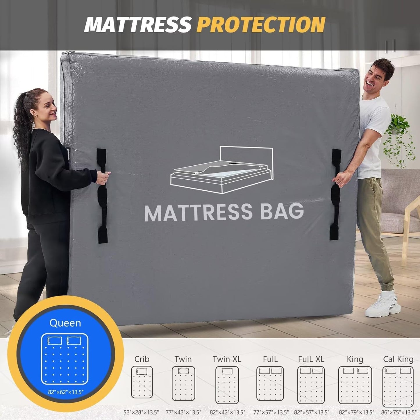 Mattress Bags for Moving and Storage, BETU Twin Mattress Protector Waterproof Mattress Cover with 8 Heavy Duty Handles and Zipper Extra Thick Moving Supplies for Dorm Bed Reusable (77x42x13.5 Grey)